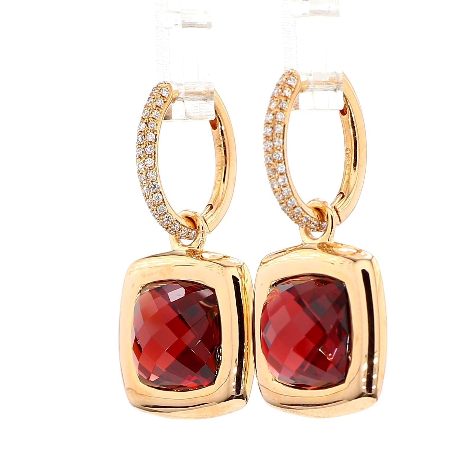 Natural Cushion Garnet and White Diamond 11.62 Carat TW Yellow Gold Drop Earring