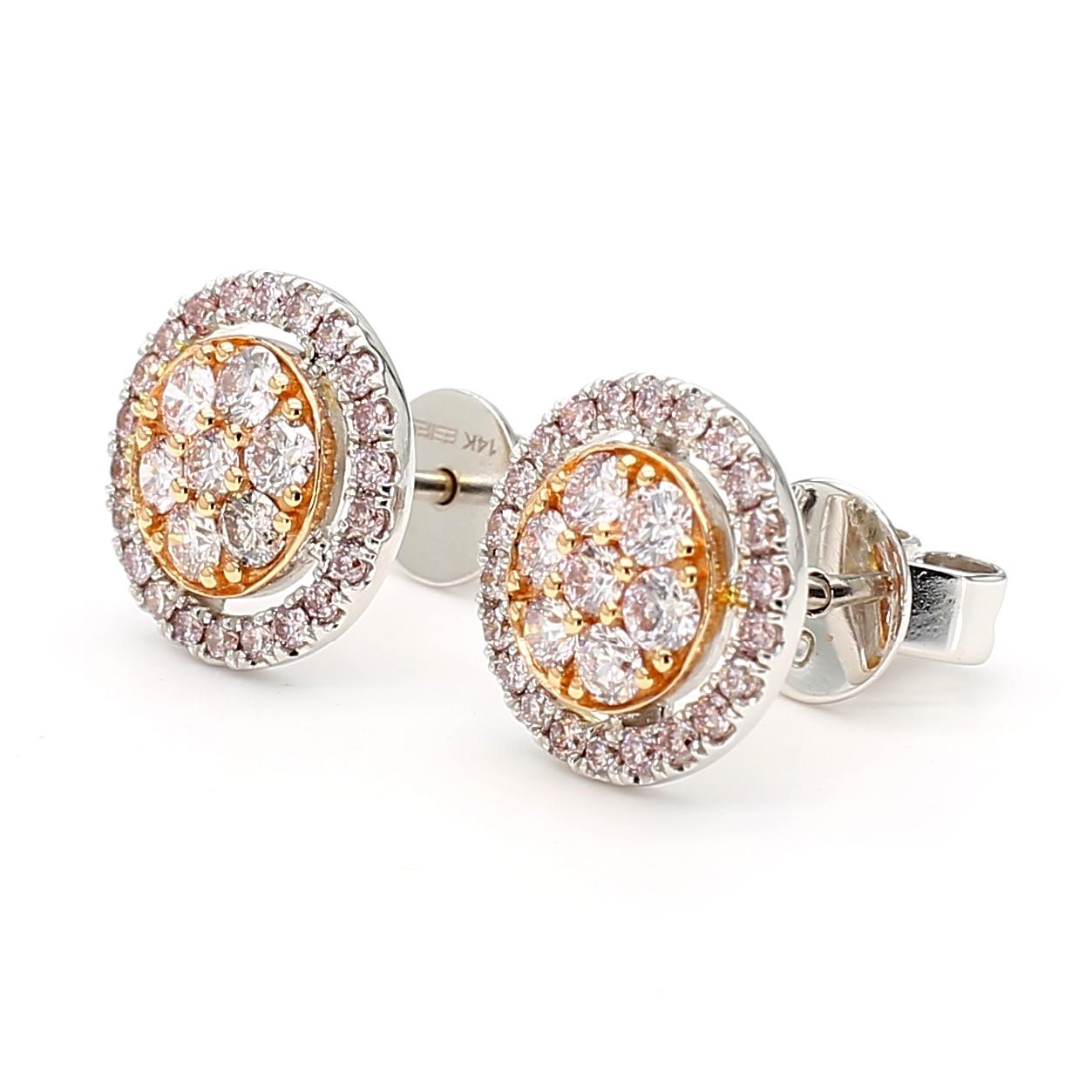 Natural Pink Round Diamond 0.69 Carat TW Gold Stud Earrings