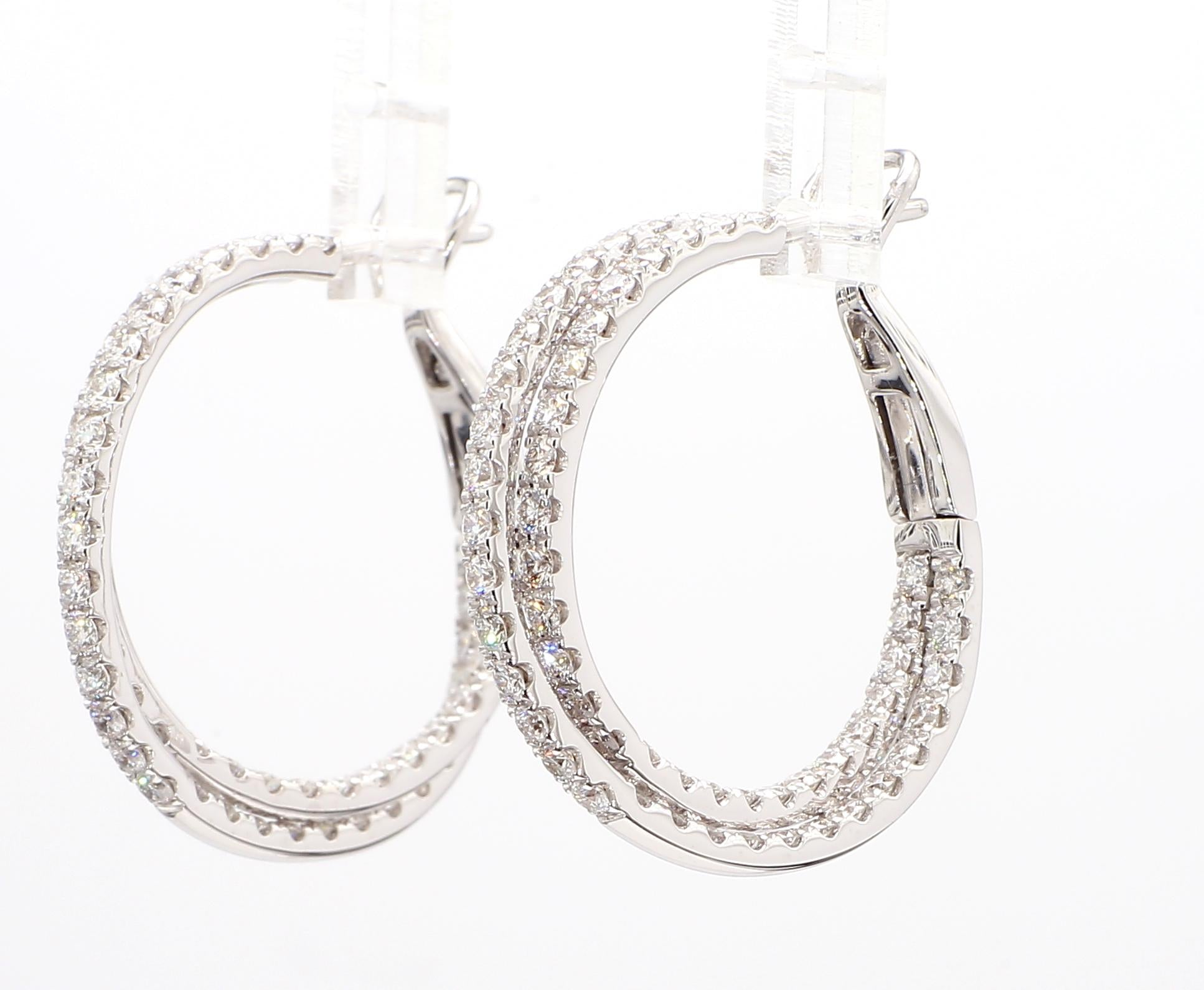 Natural White Round Diamond 2.70 Carat TW White Gold Hoop Earrings