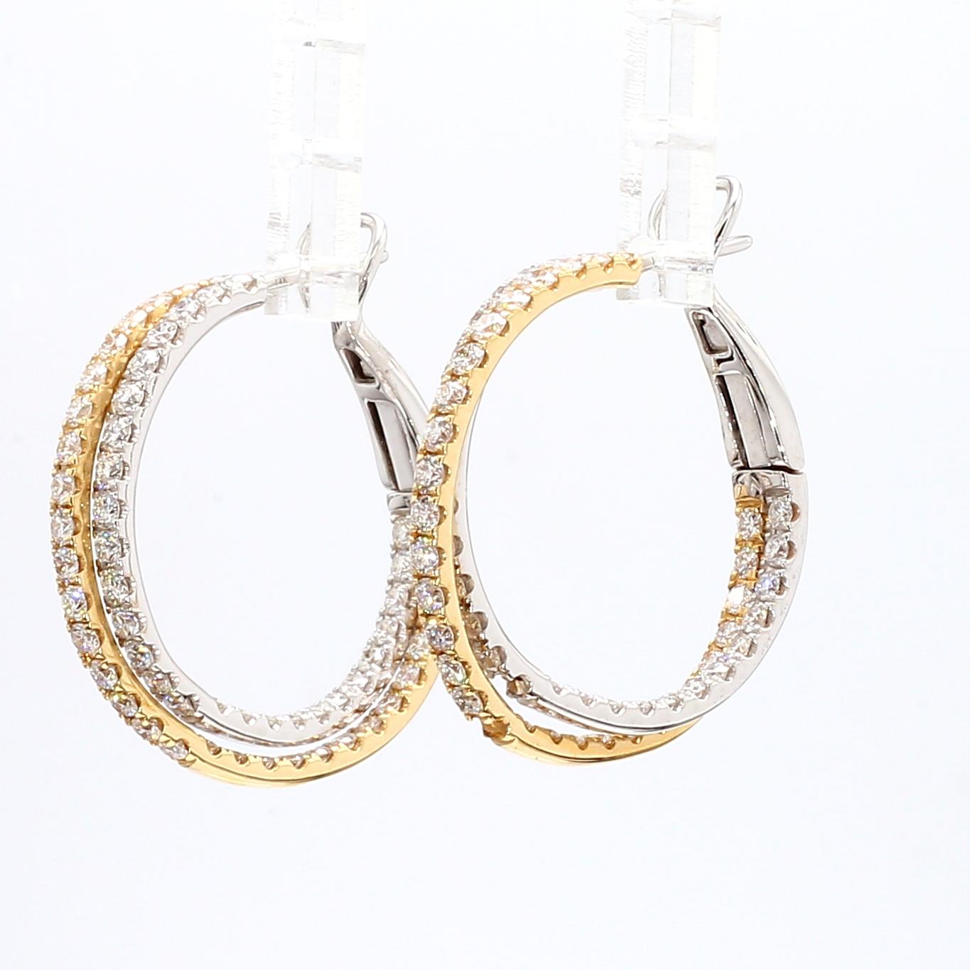 Natural White Round Diamond 2.66 Carat TW Gold Hoop Earrings