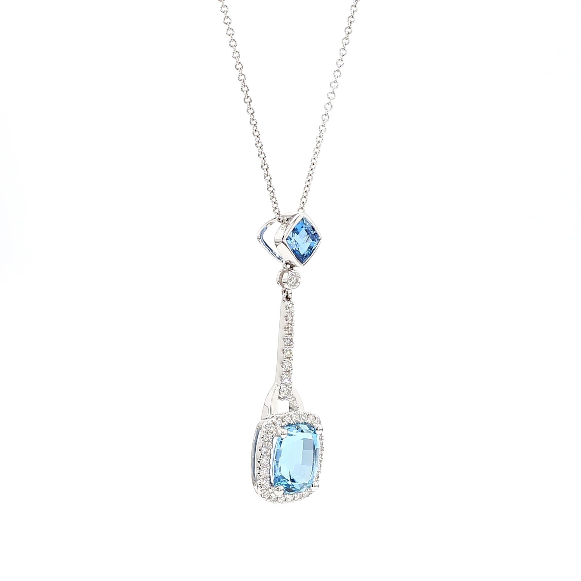 Natural Aquamarine Cushion Diamond 3.35 Carat TW Gold Drop Pendant