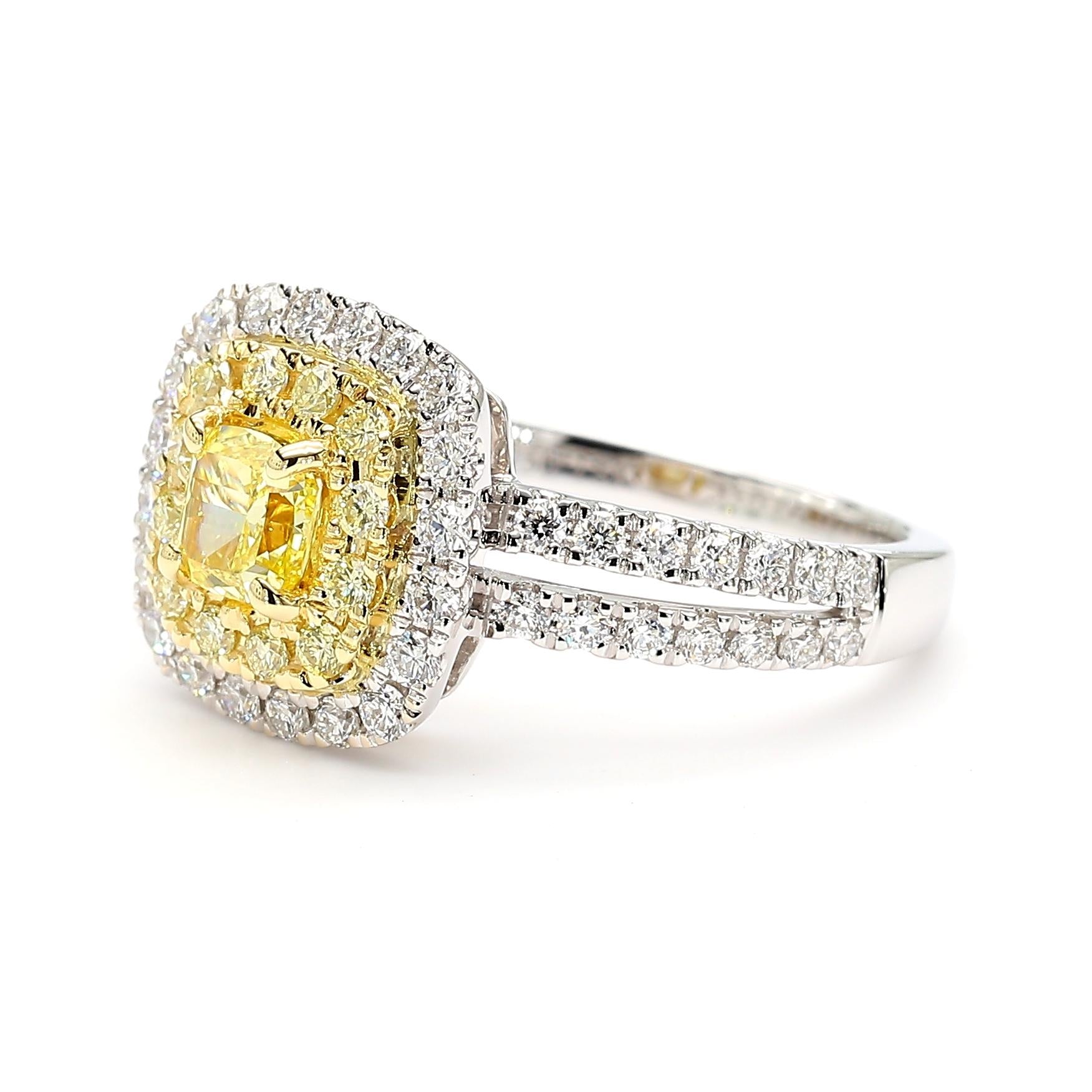 GIA Certified Intense Yellow Cushion Diamond 1.17 Carat TW Gold Cocktail Ring