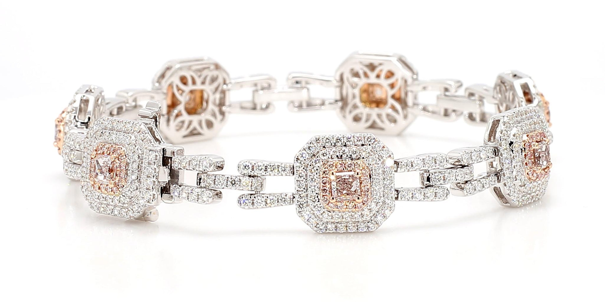 GIA Certified Natural Pink Radiant Diamond 5.08 Carat TW Gold Tennis Bracelet