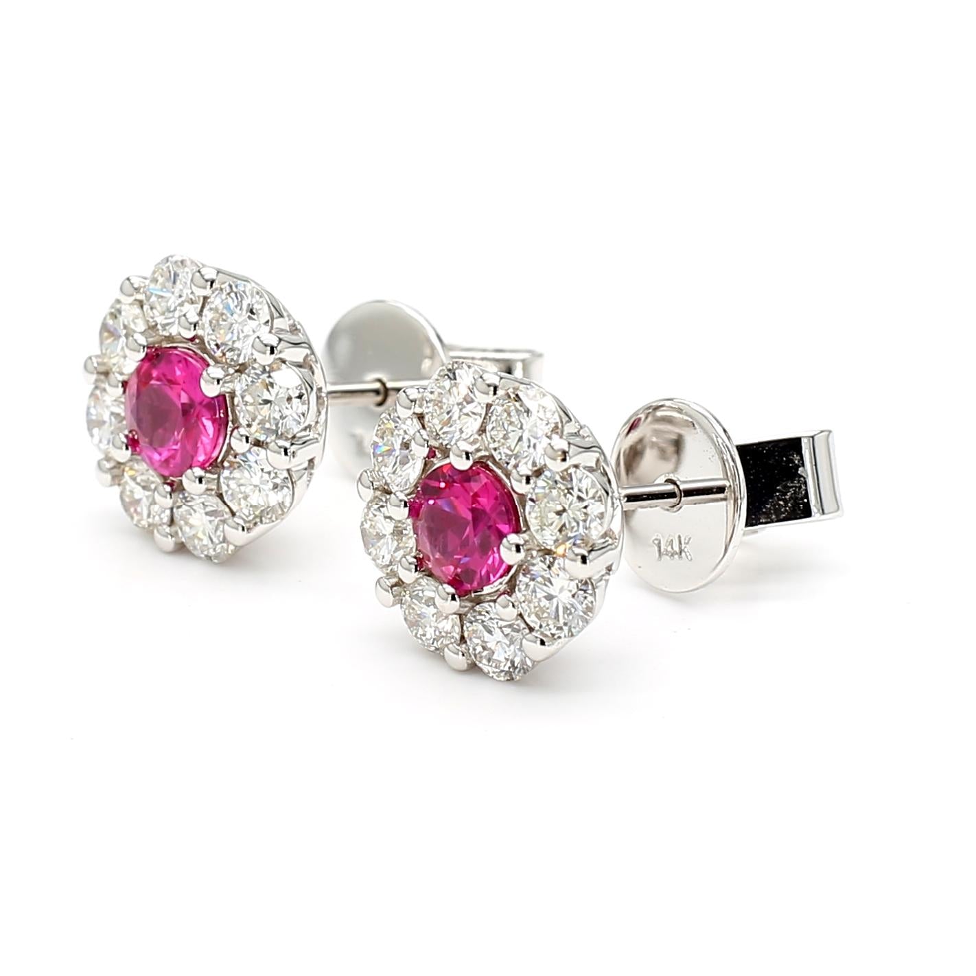 Natural Red Round Ruby and White Diamond 1.68 Carat TW White Gold Stud Earrings