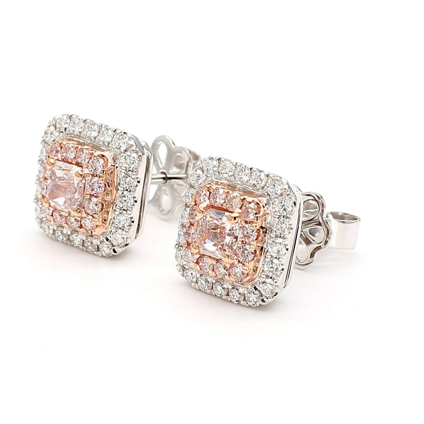 GIA Certified Light Pinkish Brown Radiant Diamond 0.90 Carat TW Gold Earrings