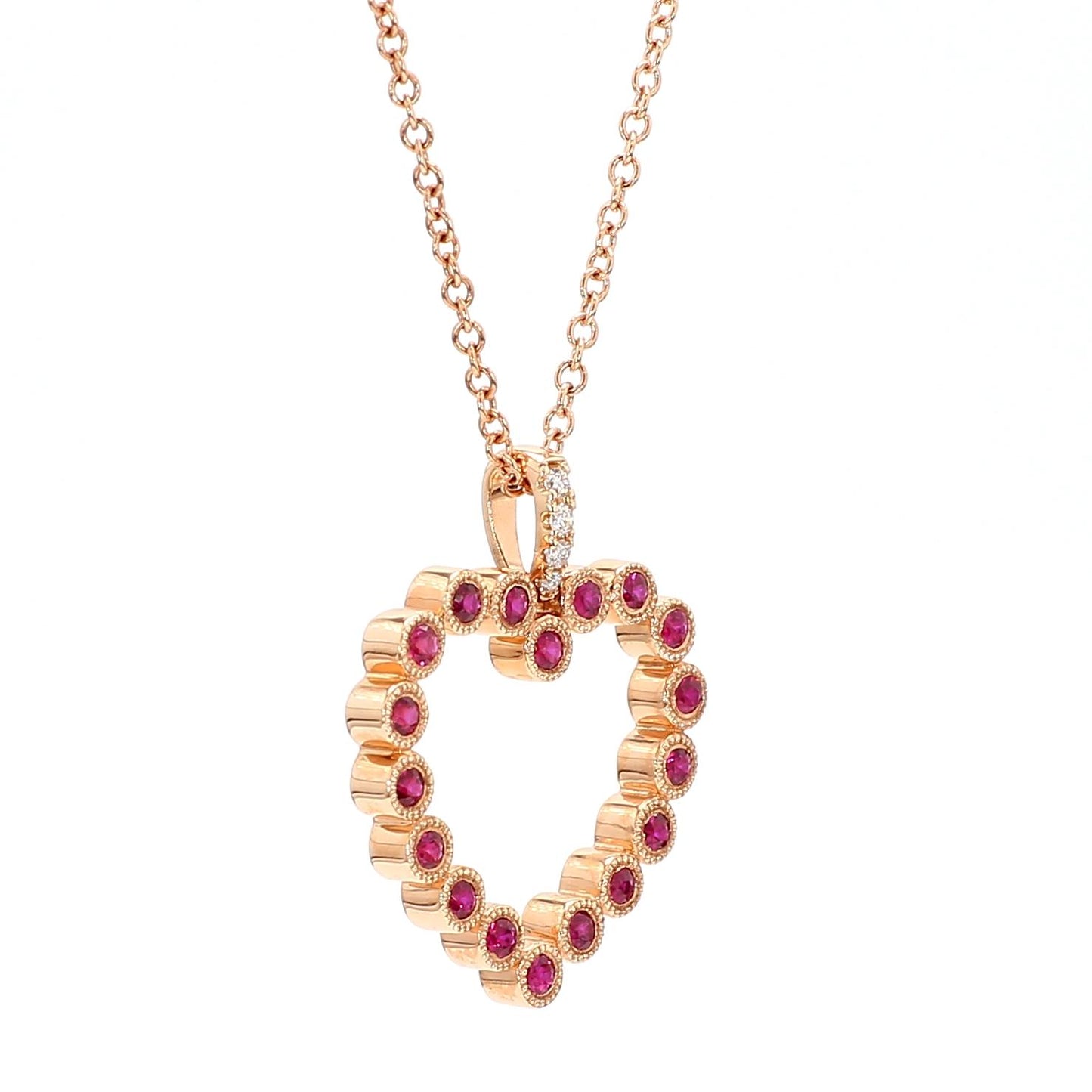 Natural Round Red Ruby and White Diamond .34 Carat TW Rose Gold Drop Pendant