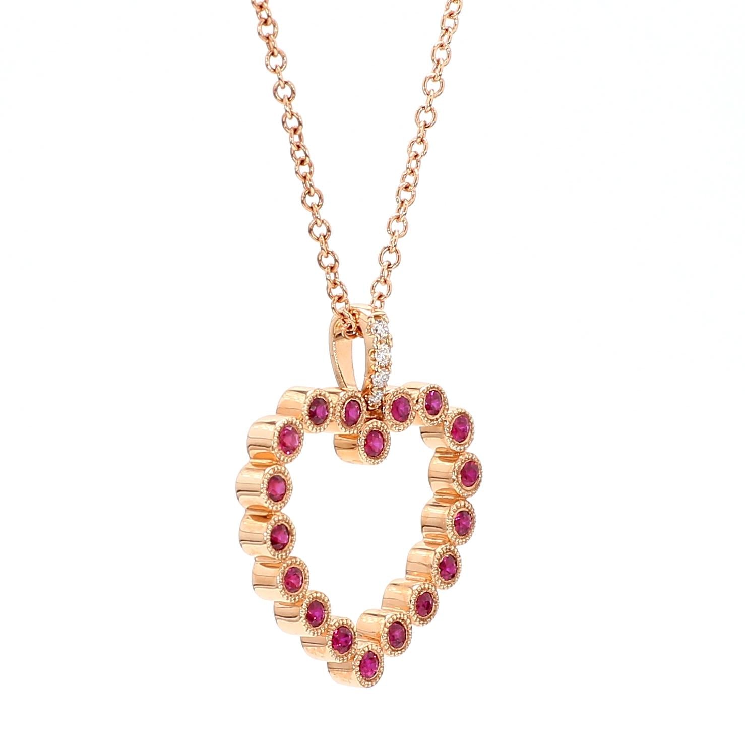 Natural Round Red Ruby and White Diamond .34 Carat TW Rose Gold Drop Pendant
