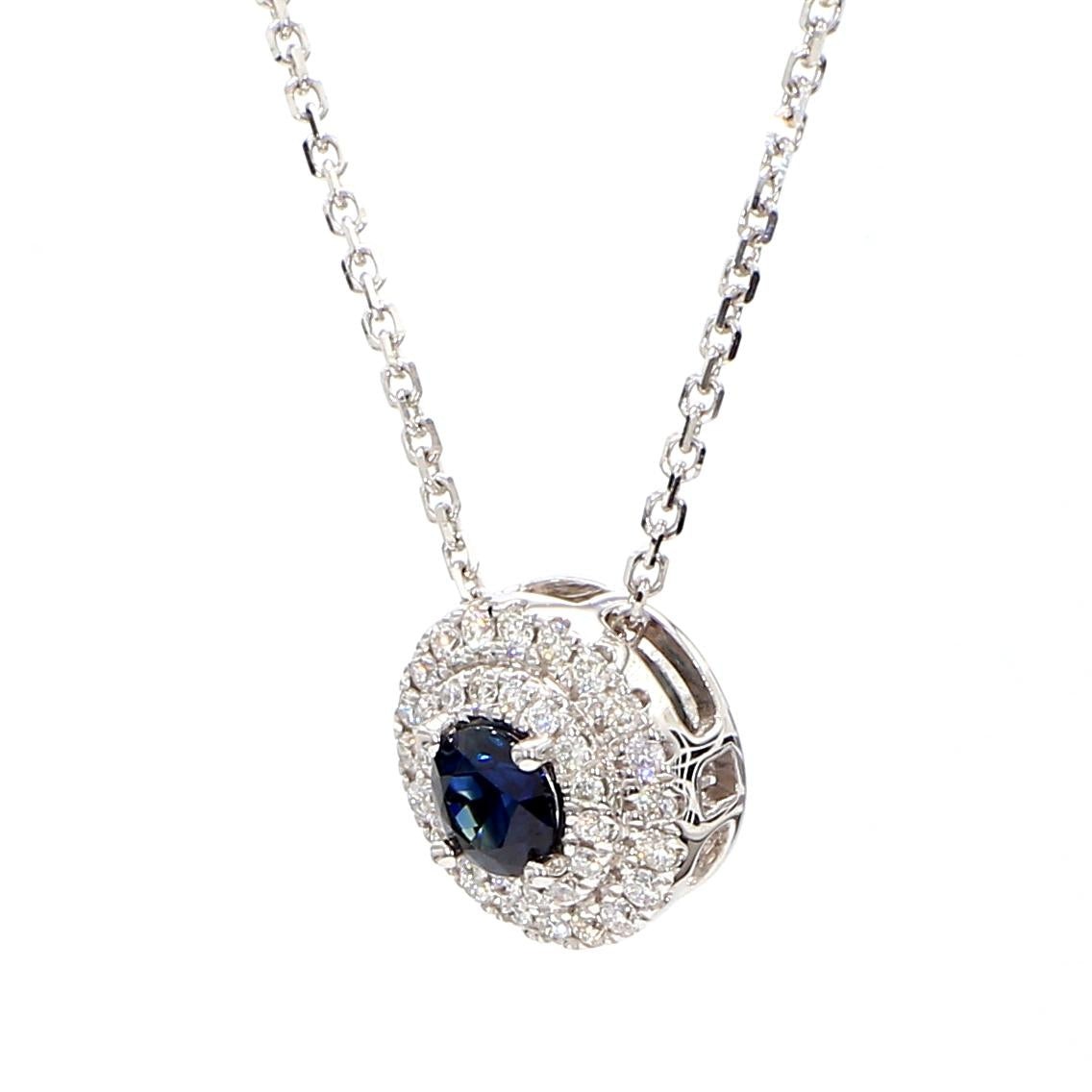 Natural Blue Round Sapphire and White Diamond 0.52 Carat TW Gold Drop Pendant