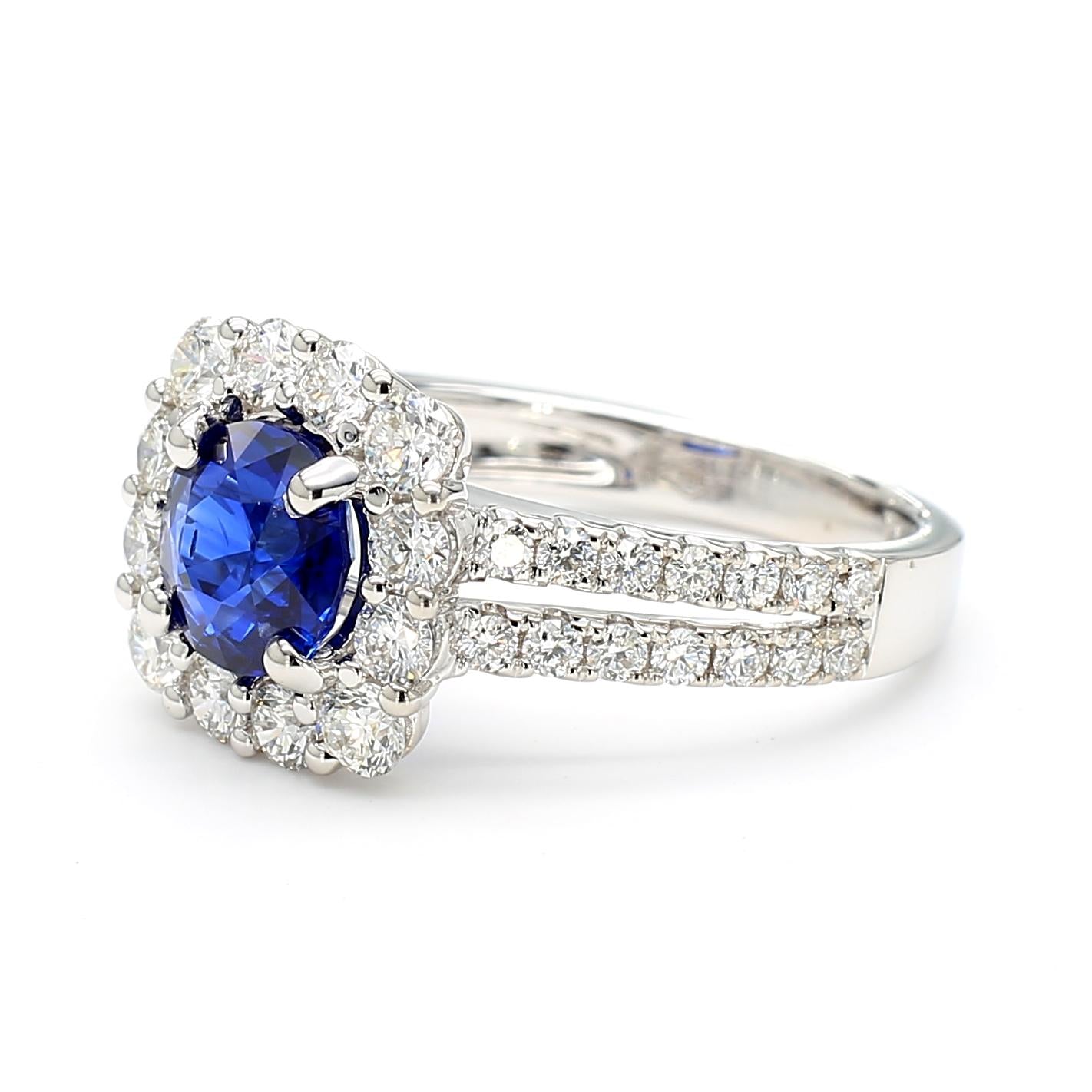 Natural Blue Round Sapphire and White Diamond 2.71 Carat TW White Gold Ring