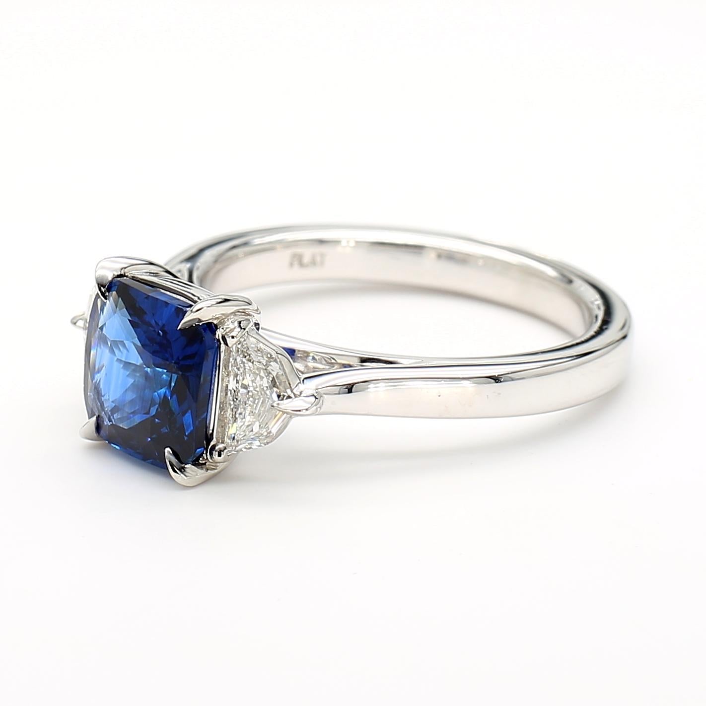 GIA Certified Blue Cushion Sapphire and White Diamond 2.47 Carat TW Plat Ring