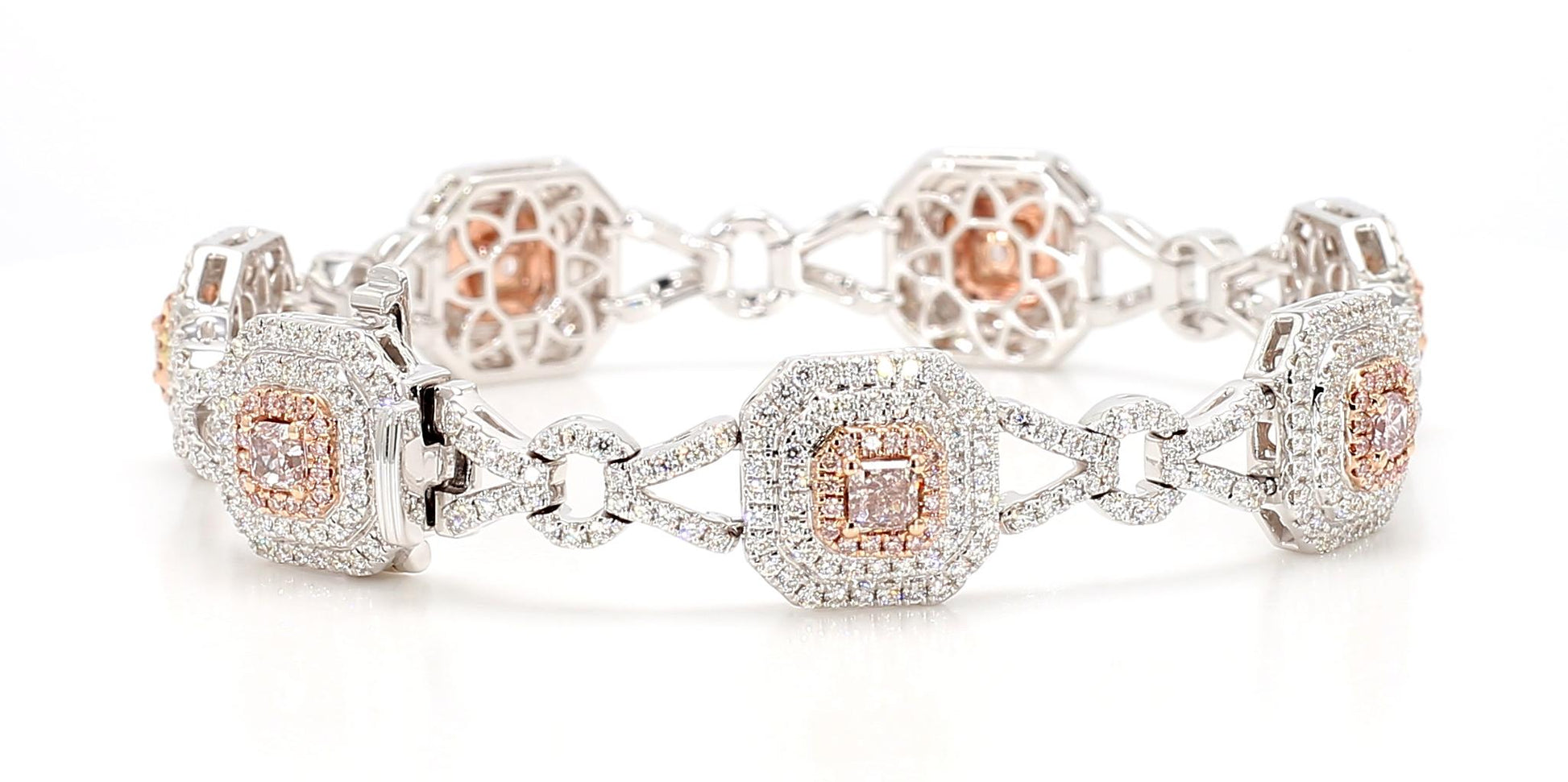 GIA Certified Fancy Pink Radiant Diamond 4.59 Carat TW Gold Tennis Bracelet