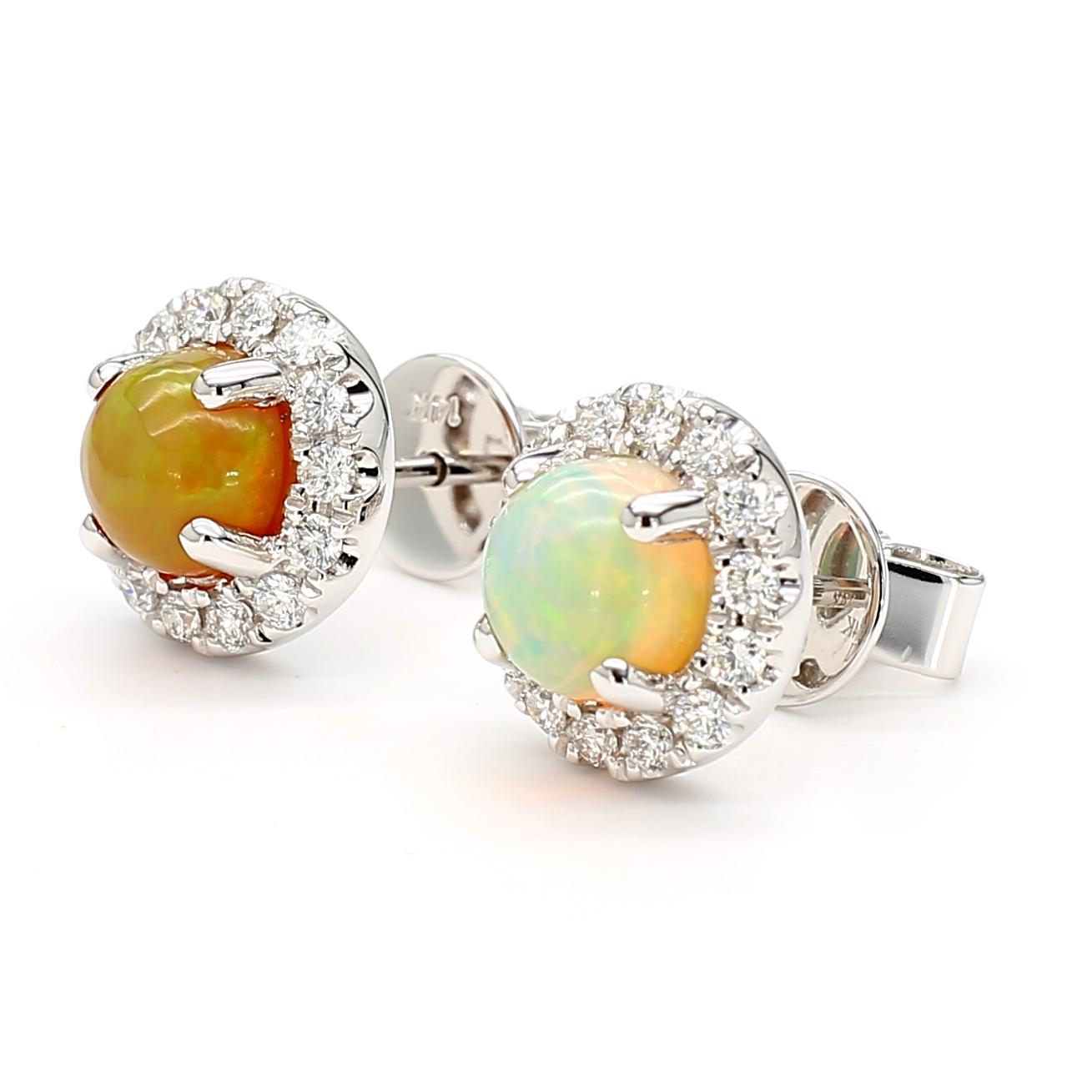 Natural Round Opal and White Diamond 1.86 Carat TW White Gold Stud Earrings