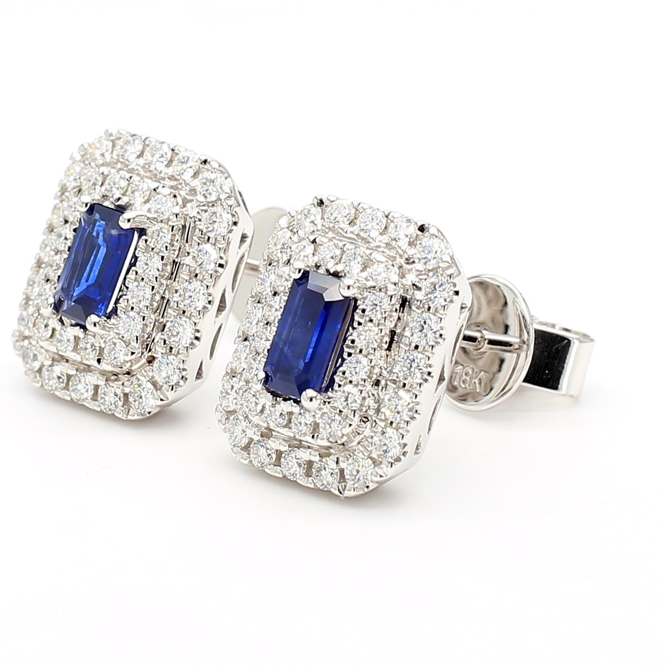Natural Blue Emerald Cut Sapphire and Diamond 1.21 Carat TW Gold Earrings