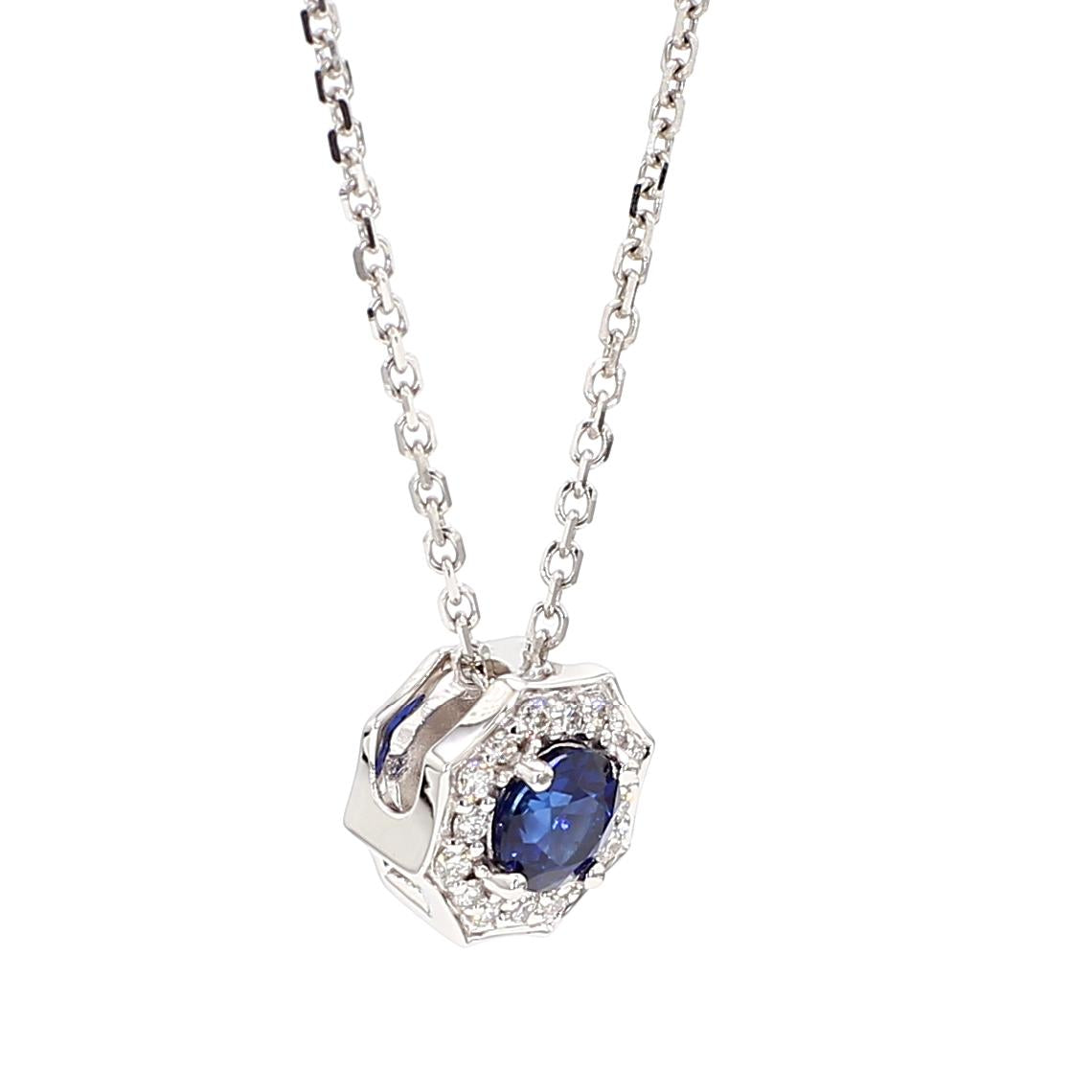 Natural Blue Round Sapphire and White Diamond 0.42 Carat TW Gold Drop Pendant