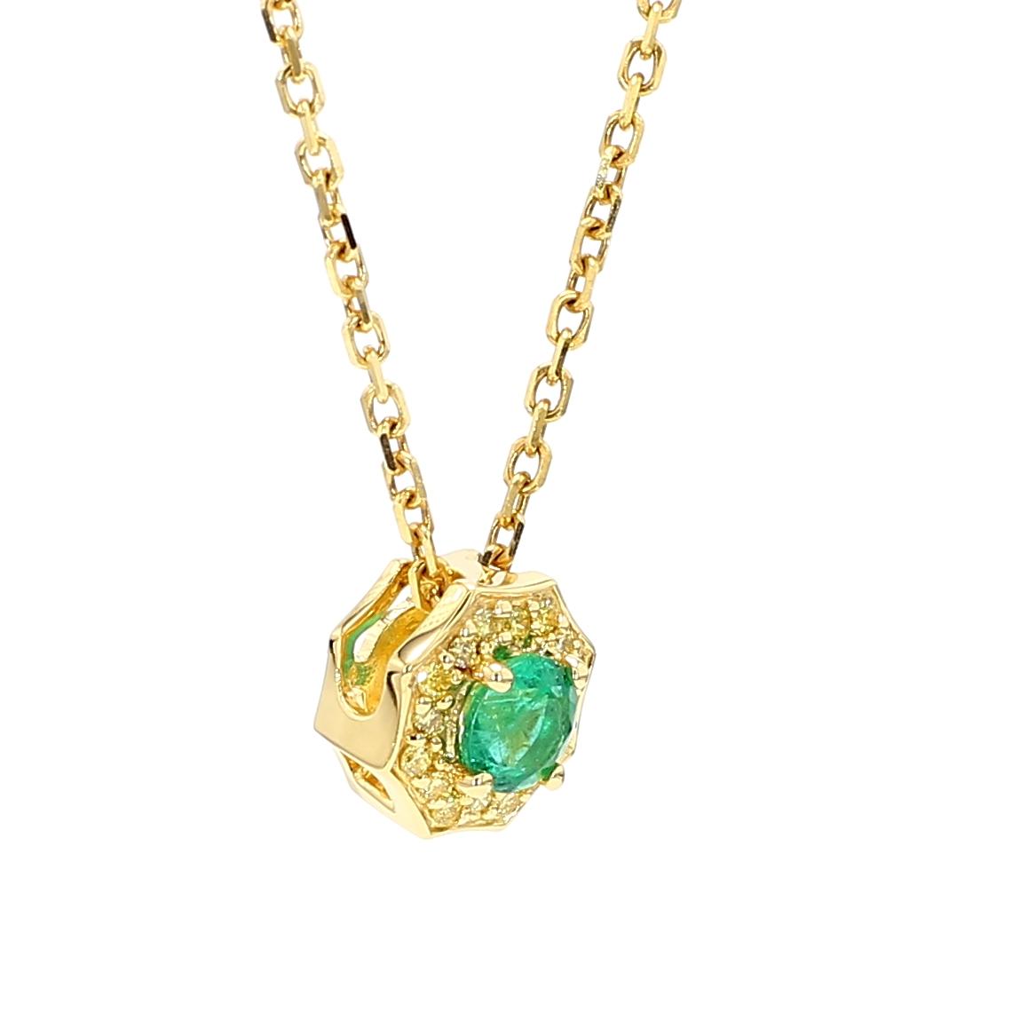 Natural Round Emerald and Yellow Diamond .36 Carat TW Gold Drop Pendant