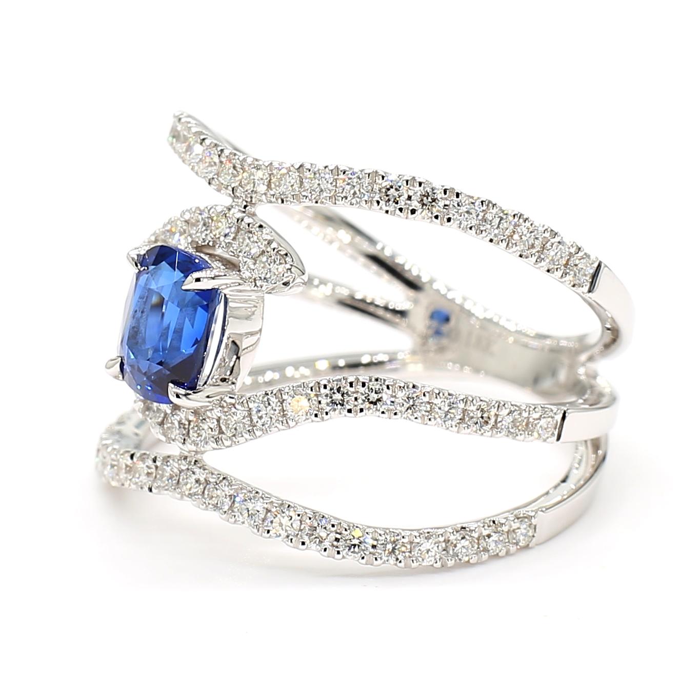 Natural Blue Cushion Sapphire and White Diamond 1.73 Carat TW Gold Cocktail Ring