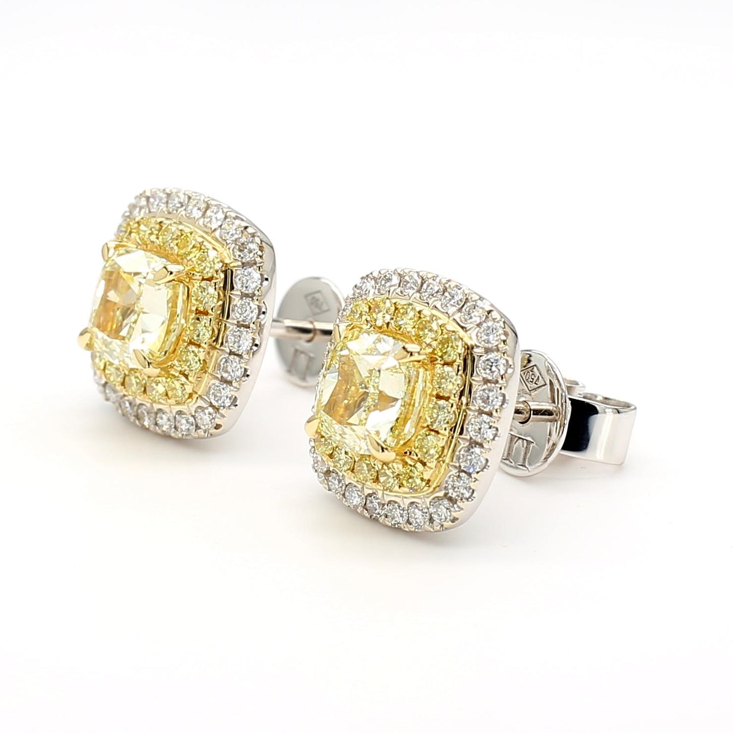 Natural Yellow Cushion Diamond 2.12 Carat TW Gold Stud Earrings