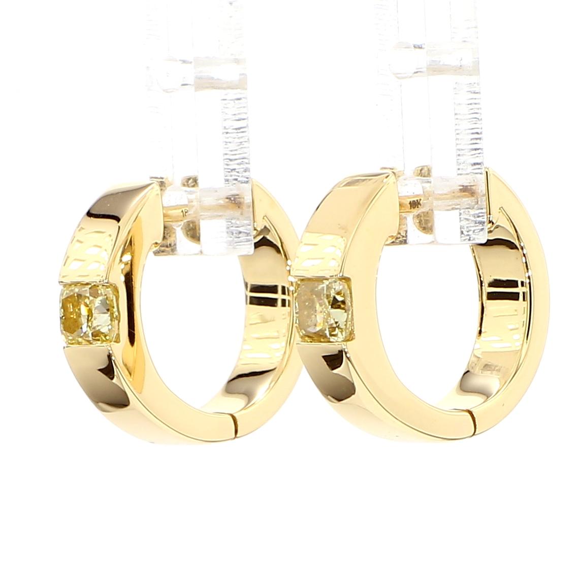 Natural Yellow Cushion Diamond .50 Carat TW Yellow Gold Hoop Earrings