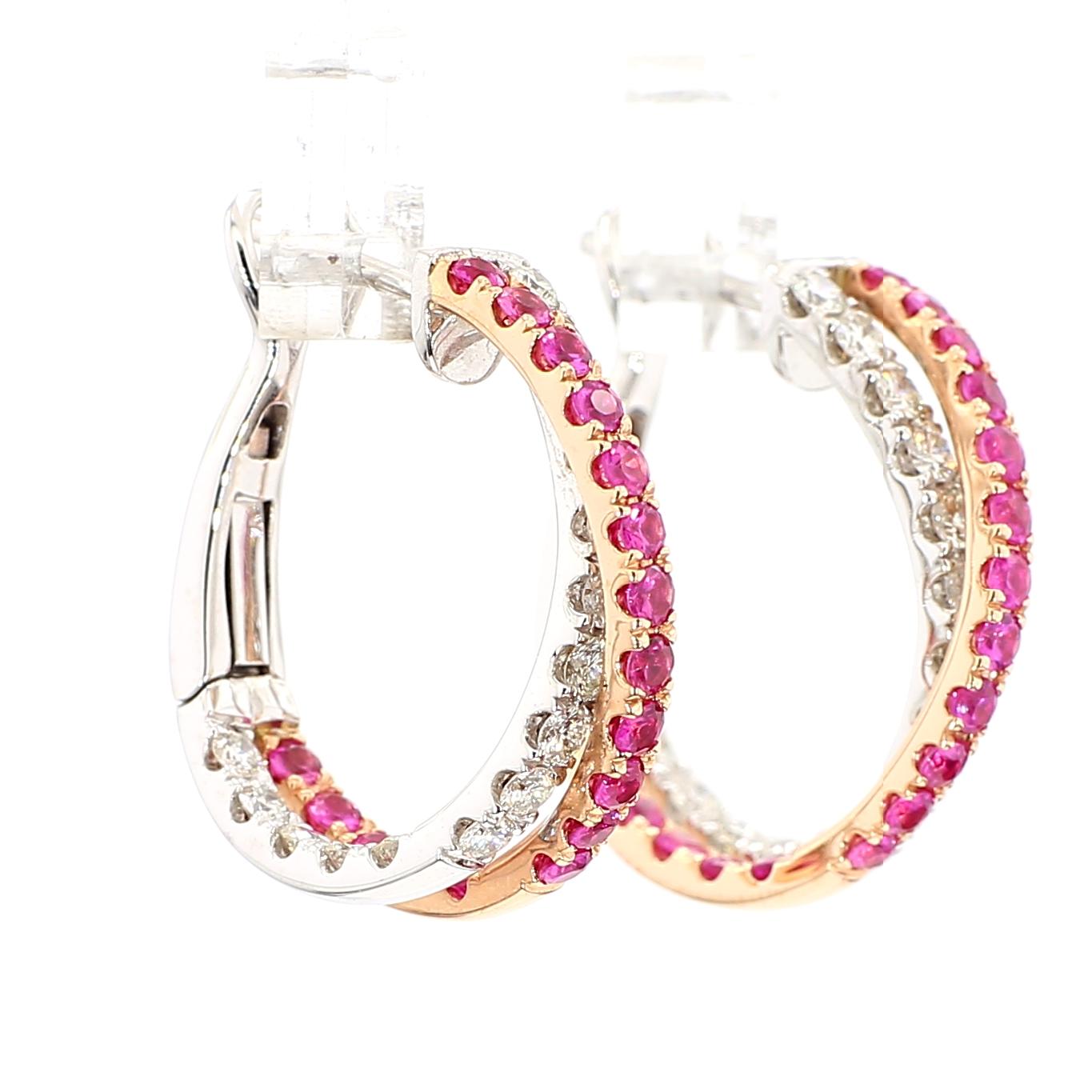 Natural Red Round Ruby and White Diamond 2.01 Carat TW Rose Gold Drop Earrings