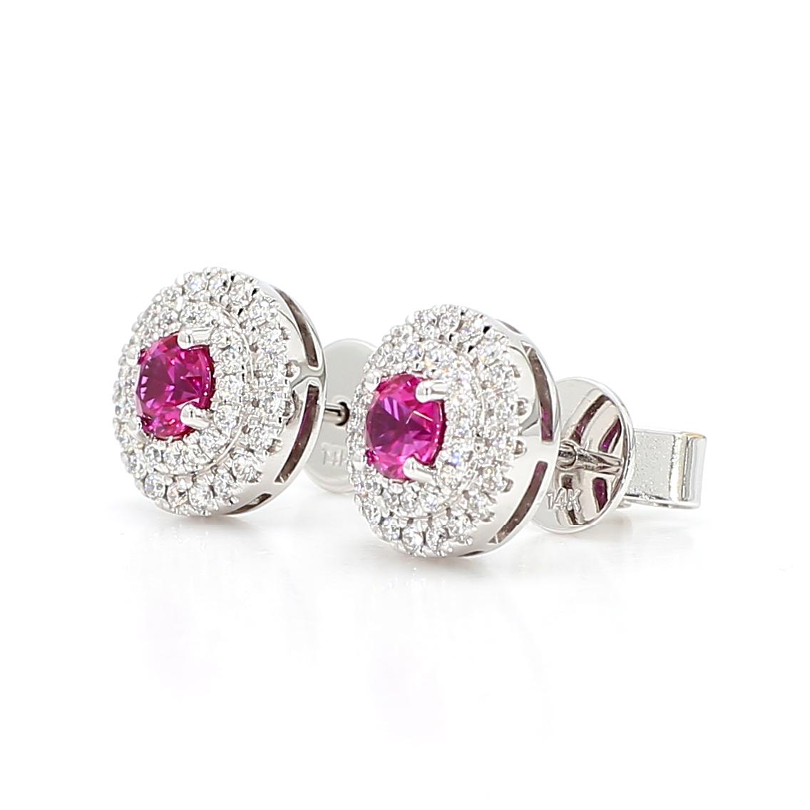 Natural Red Round Ruby and White Diamond 1.02 Carat TW White Gold Stud Earrings