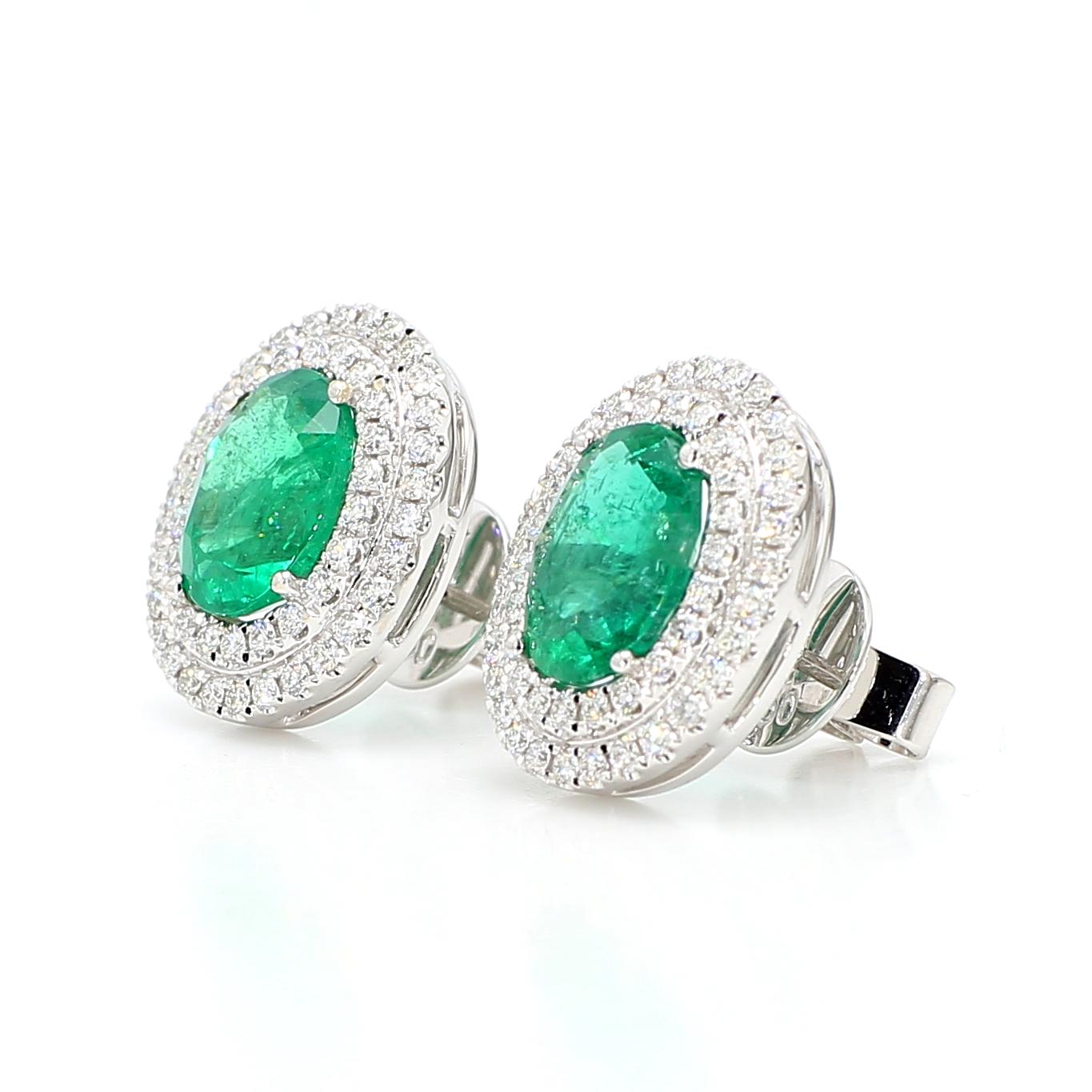 Natural Oval Emerald and Diamond 4.05 Carat TW Gold Stud Earrings