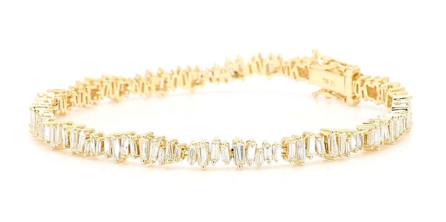 Natural White Baguette Diamond 3.03 Carat TW Yellow Gold Tennis Bracelet