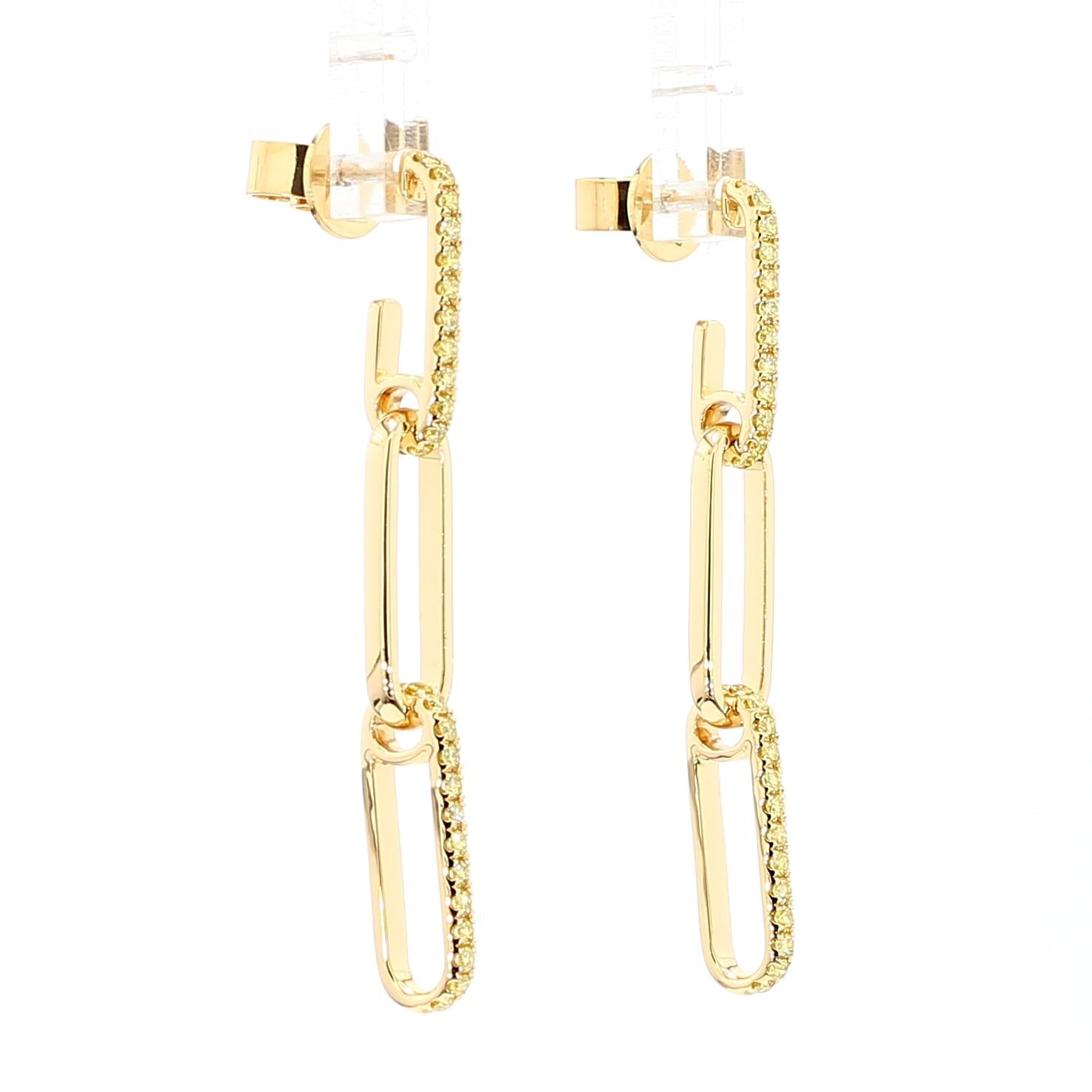 Natural Yellow Round Diamond 0.54 Carat TW Yellow Gold Drop Earrings