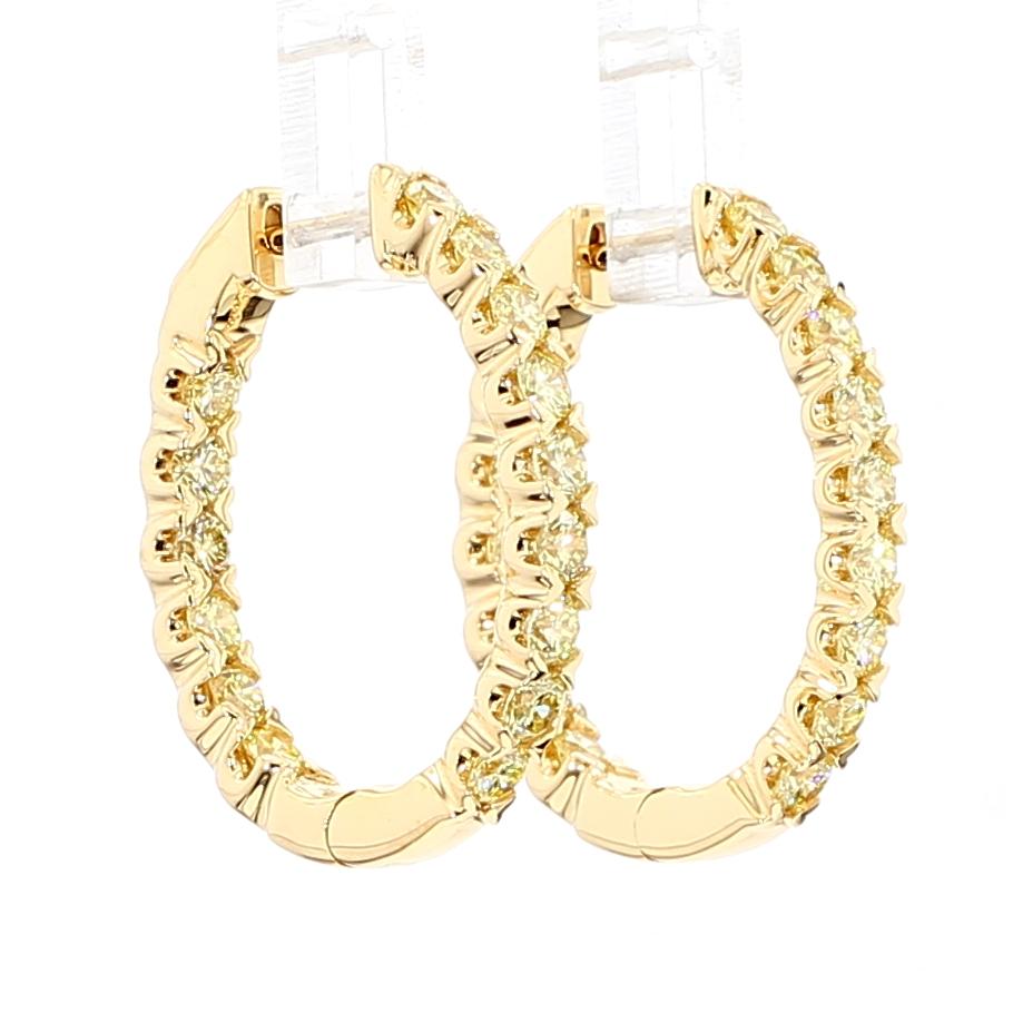 Natural Yellow Round Diamond 2.17 Carat TW Yellow Gold Hoop Earrings