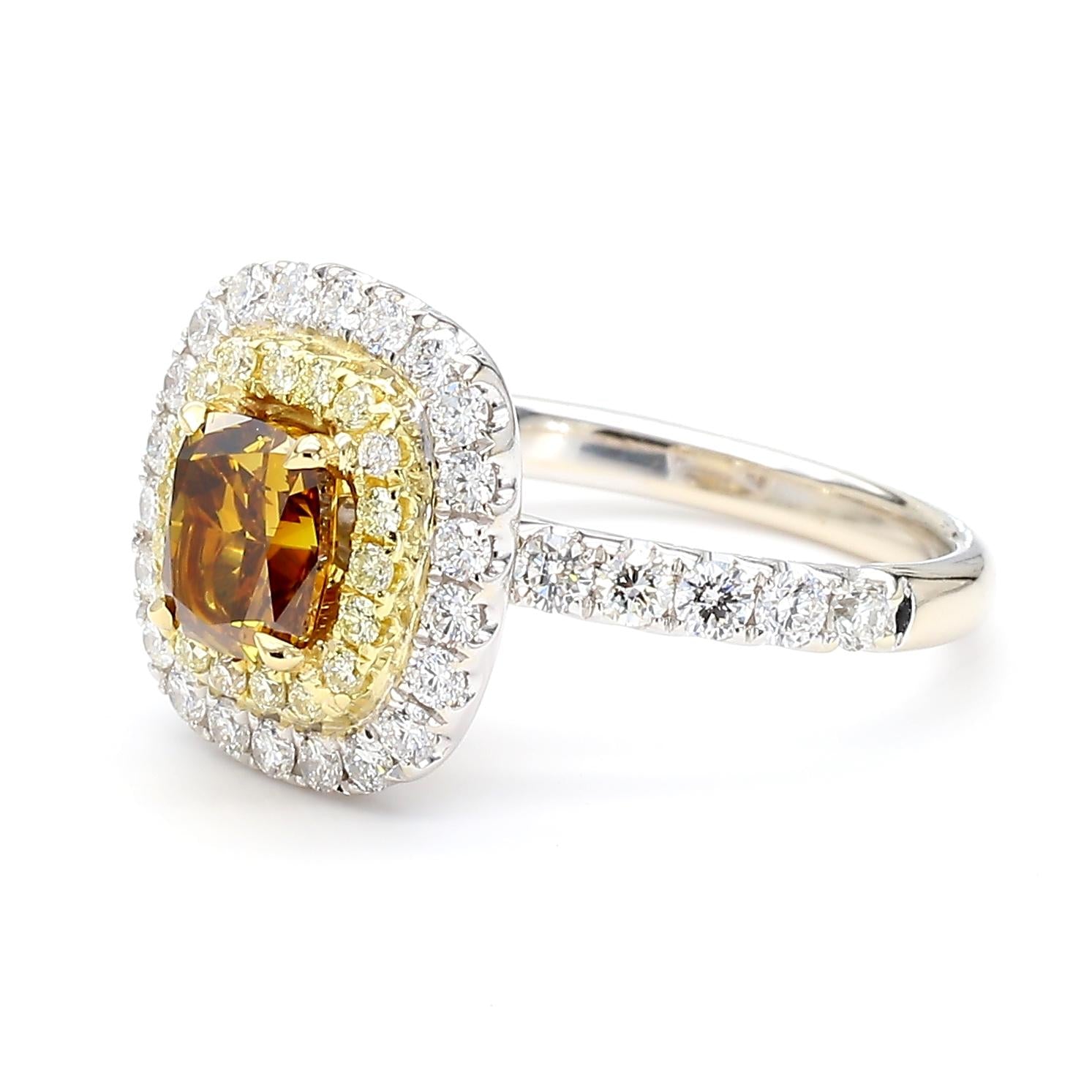 GIA Certified Fancy Deep Yellow Brown Cushion Diamond 1.93 Carat TW Gold Ring