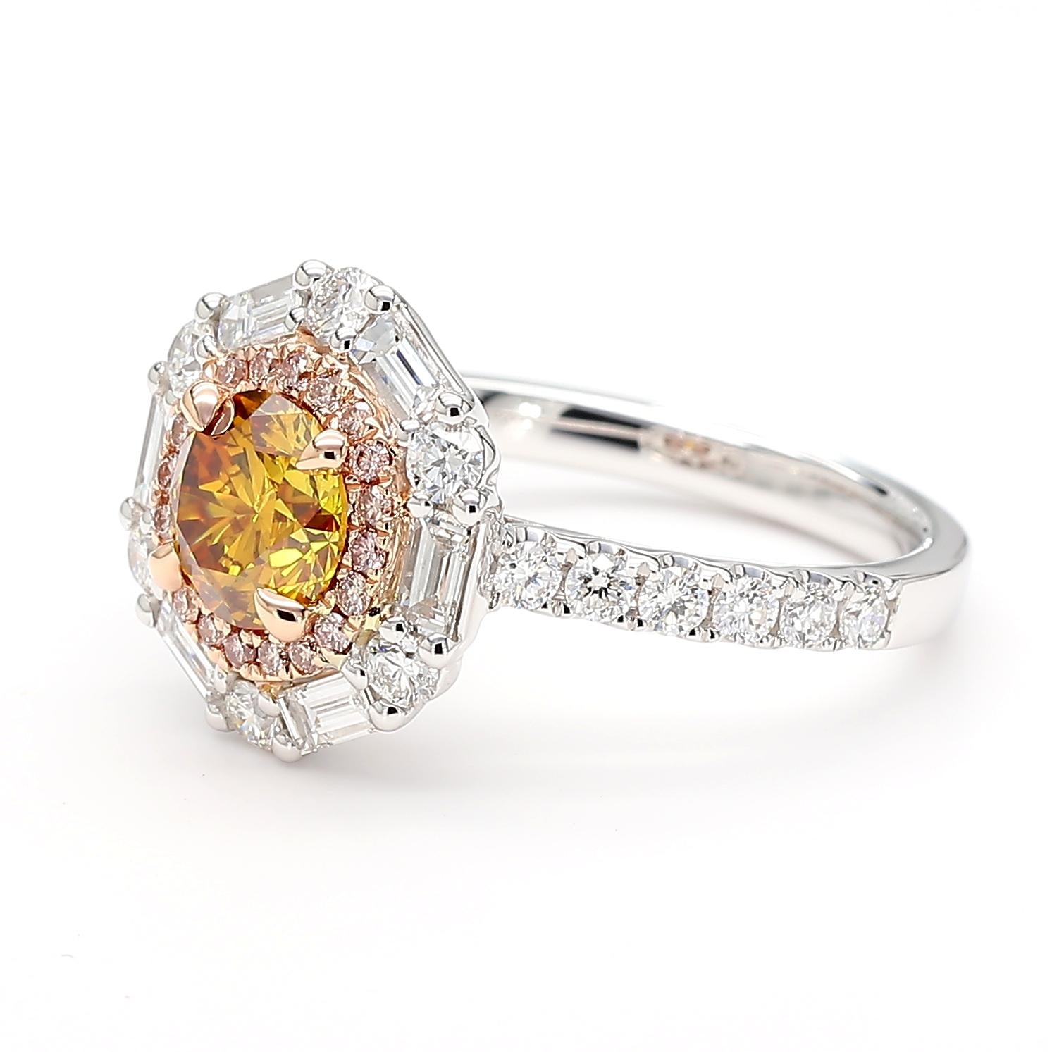 GIA Certified Deep Brownish Orangy Yellow Round Diamond 2.08 Carat TW Gold Ring