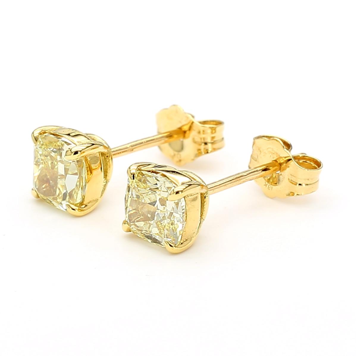 GIA Certified Fancy Light Yellow Cushion Diamond 1.42 CT TW Gold Stud Earrings