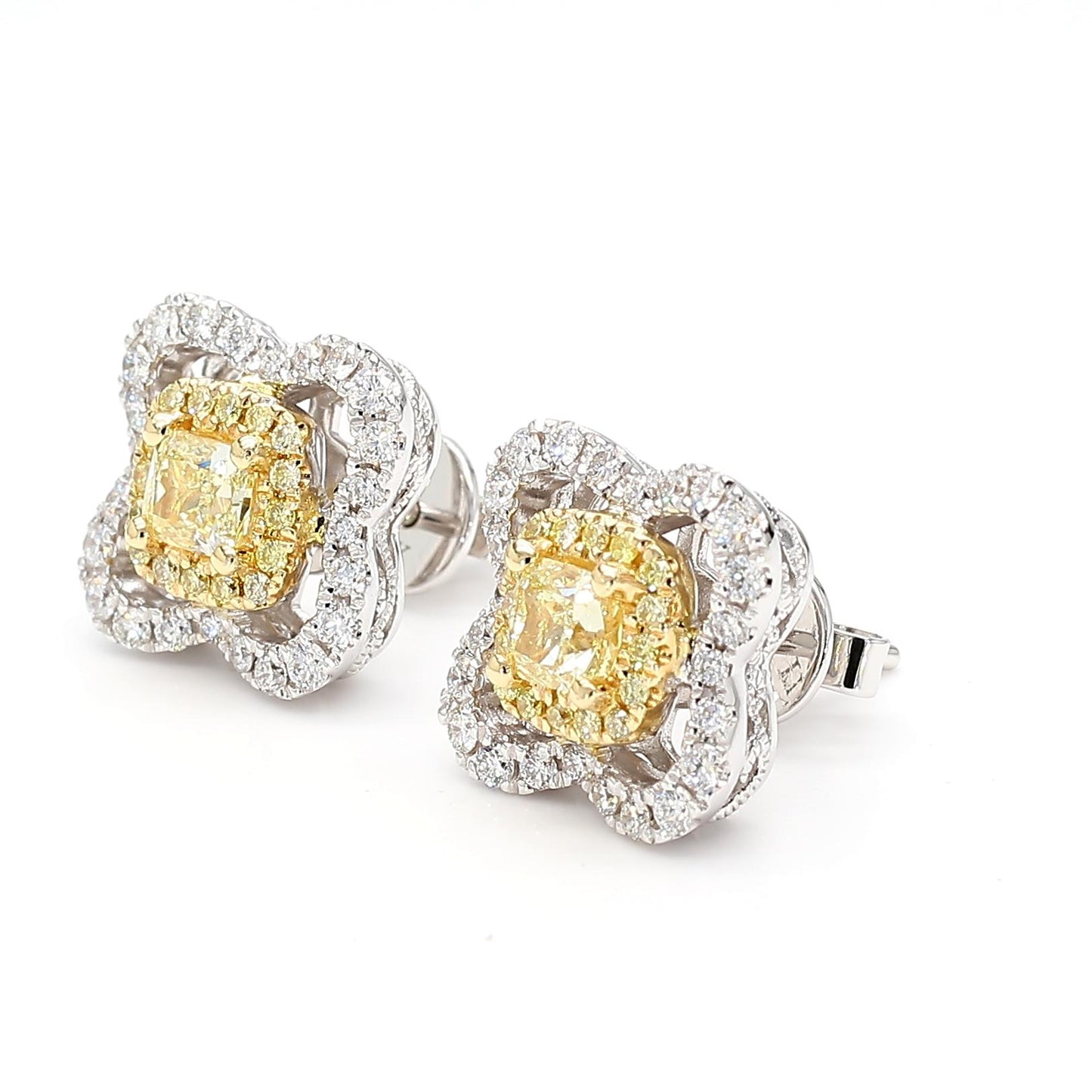 Natural Yellow Radiant Diamond 0.90 Carat TW Gold Stud Earrings