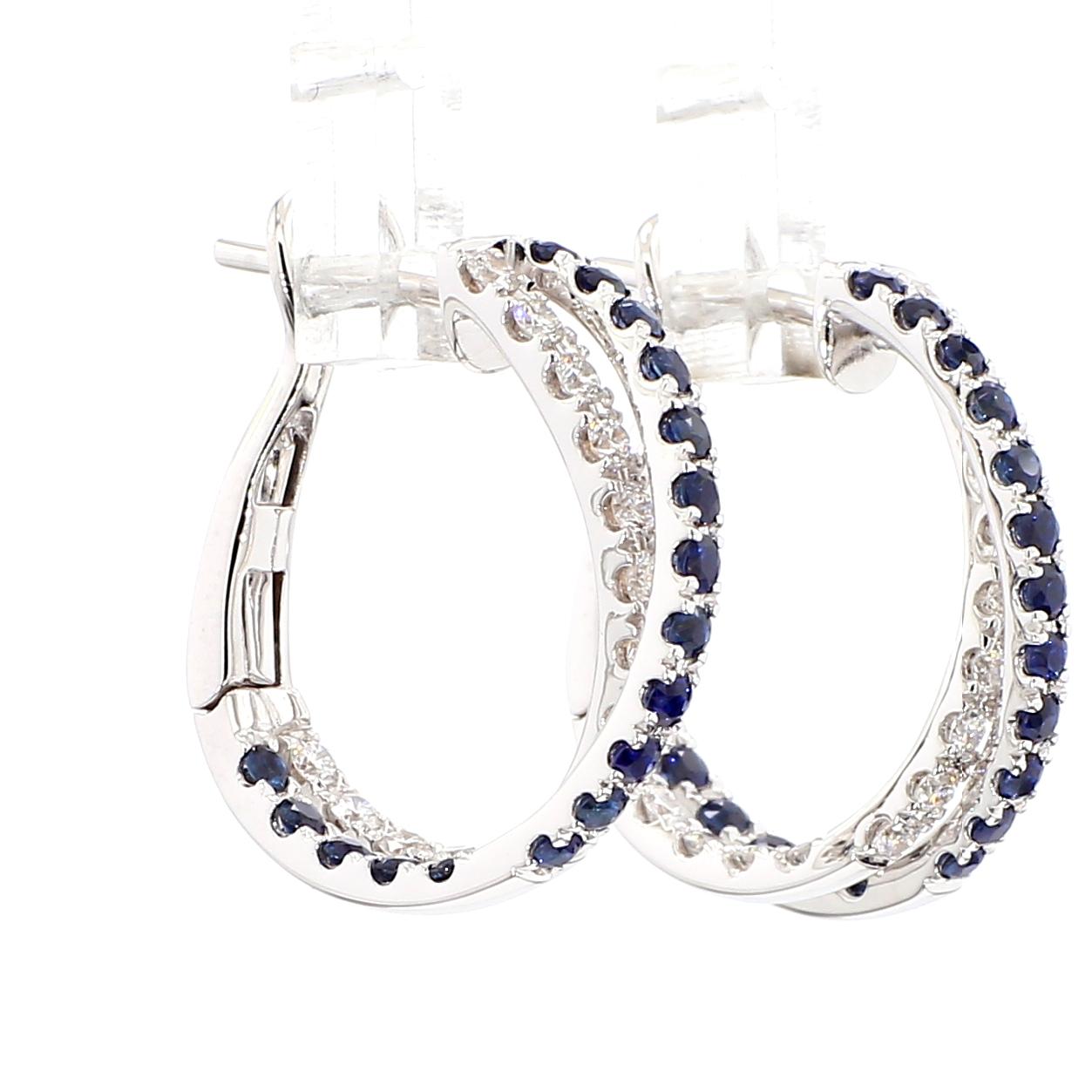 Natural Blue Round Sapphire and Diamond 1.39 Carat TW Gold Hoop Earrings