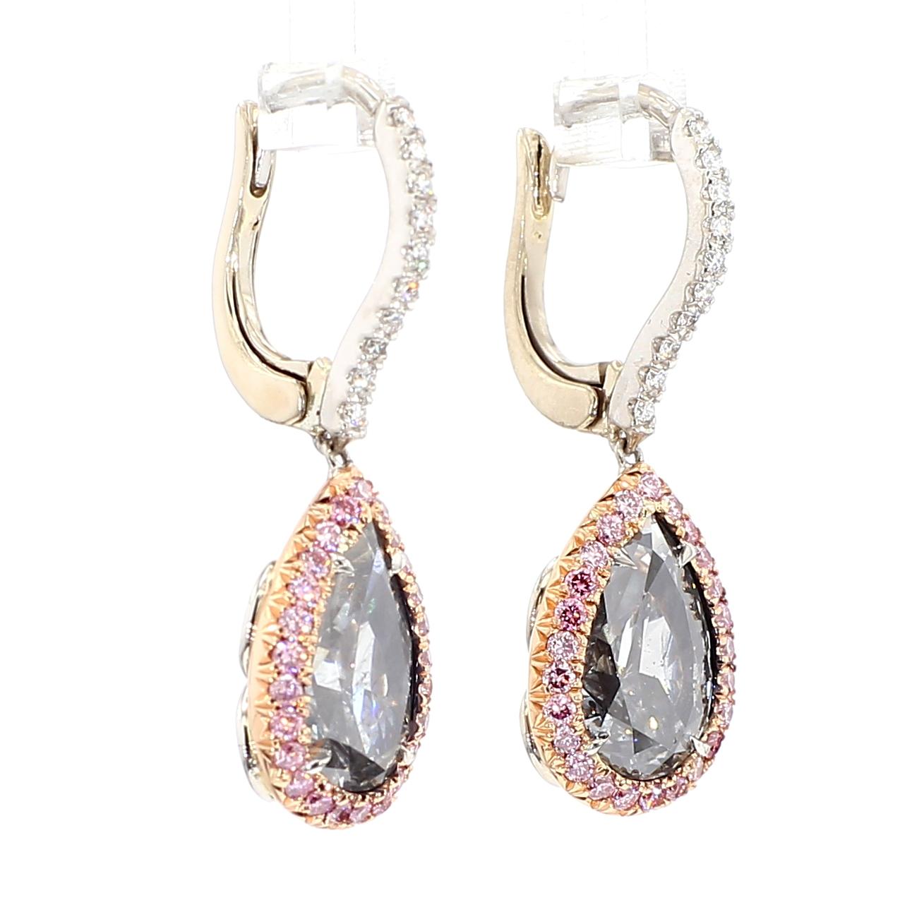 GIA Certified Fancy Gray Pear Diamond 4.58 Carat TW Platinum Drop Earrings
