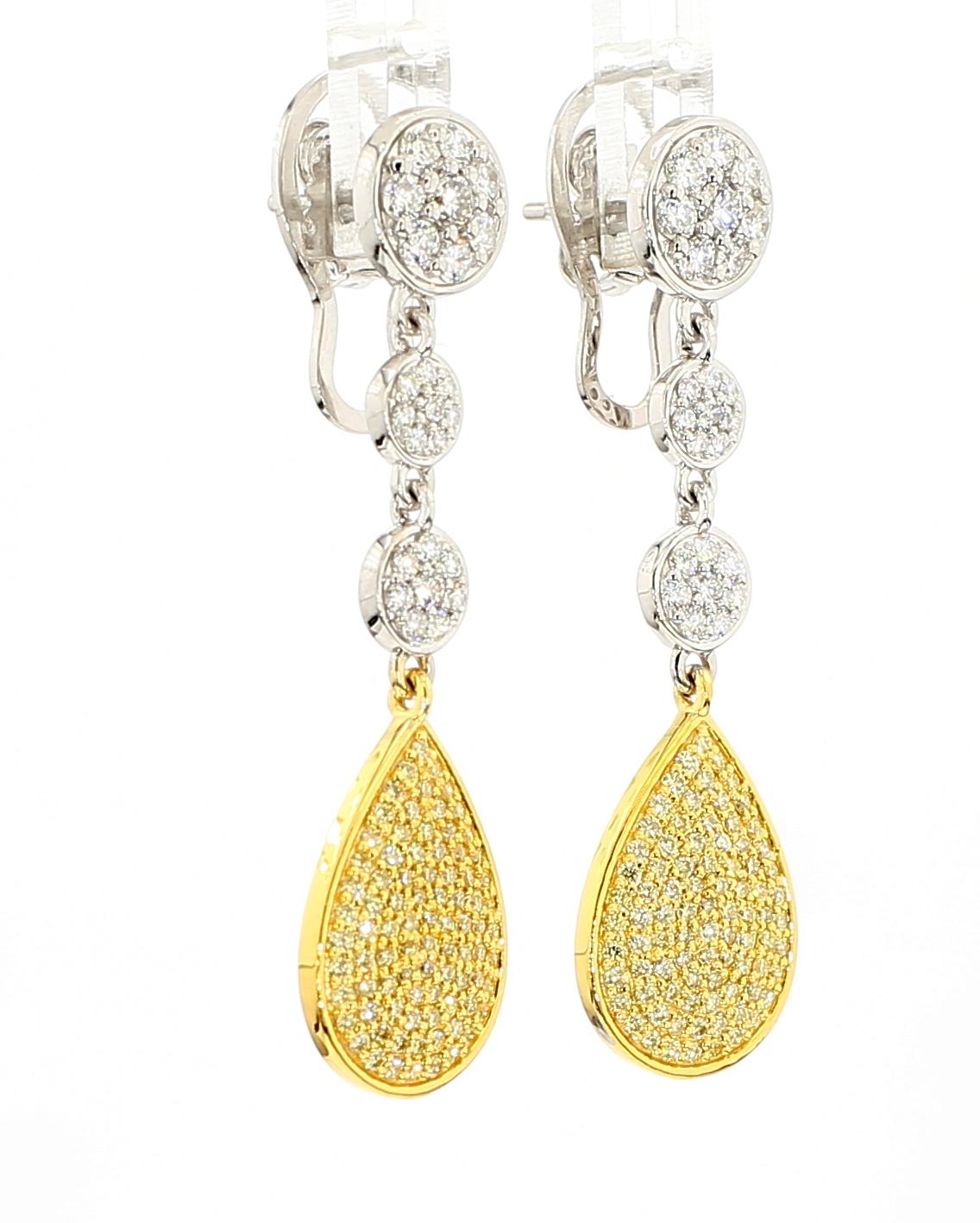 Natural Yellow Round Diamond 1.66 Carat TW Gold Drop Earrings