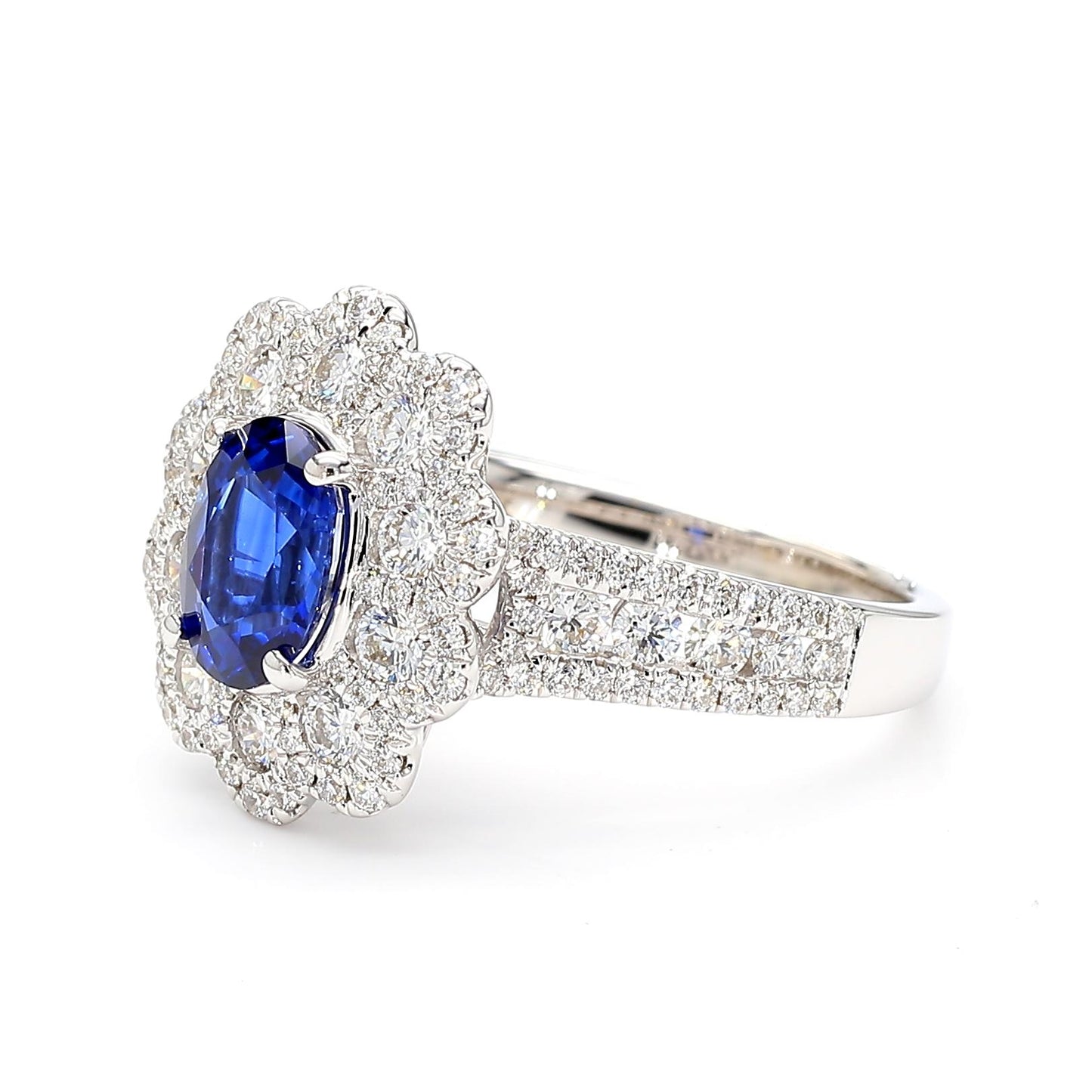 Natural Blue Oval Sapphire and White Diamond 2.44 Carat TW Gold Cocktail Ring