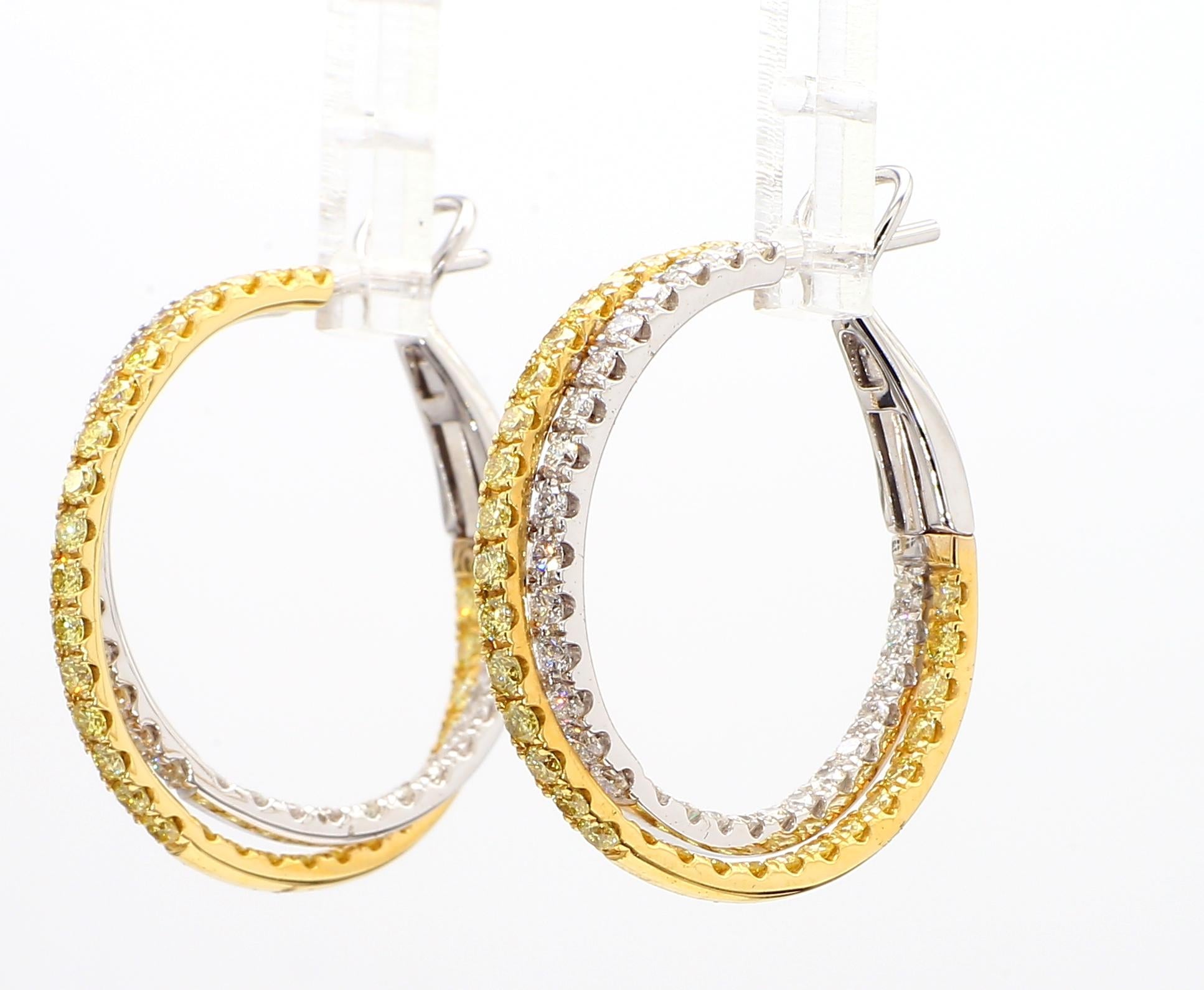 Natural Yellow Round and White Diamond 2.60 Carat TW Gold Hoop Earrings