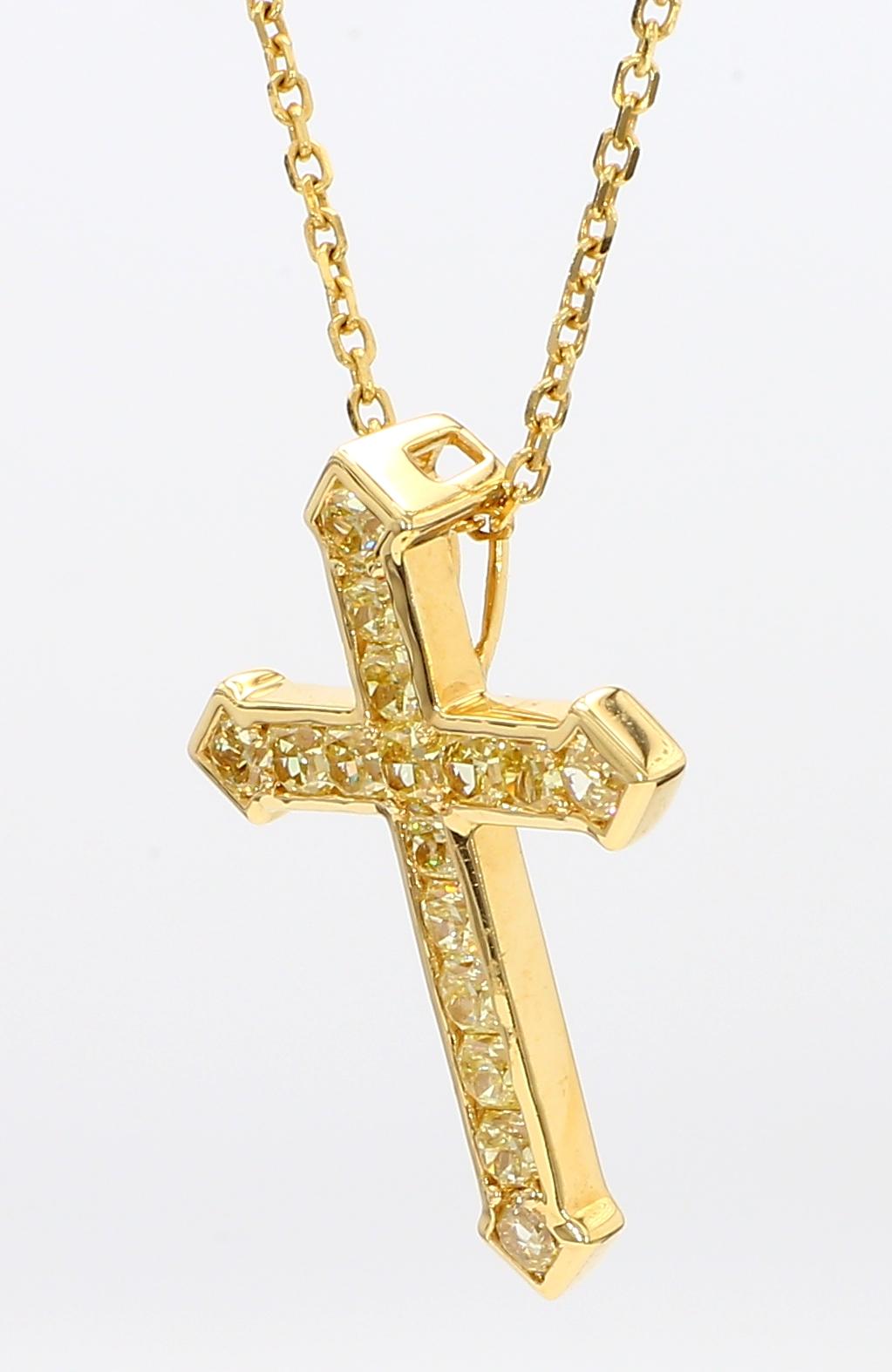 Natural Yellow Radiant Diamond 1.22 Carat TW Yellow Gold Cross Pendant