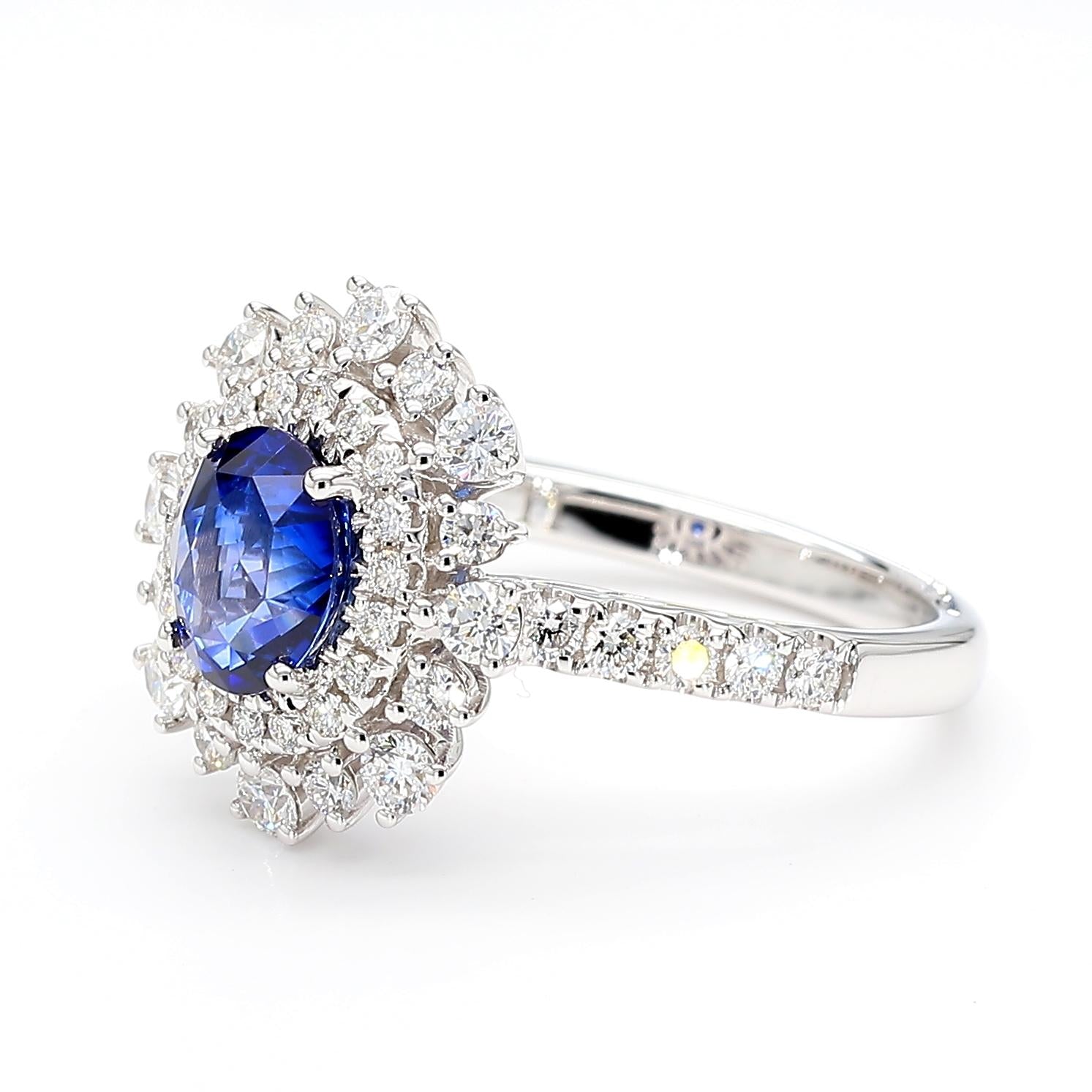Natural Blue Oval Sapphire and White Diamond 2.11 Carat TW White Gold Ring