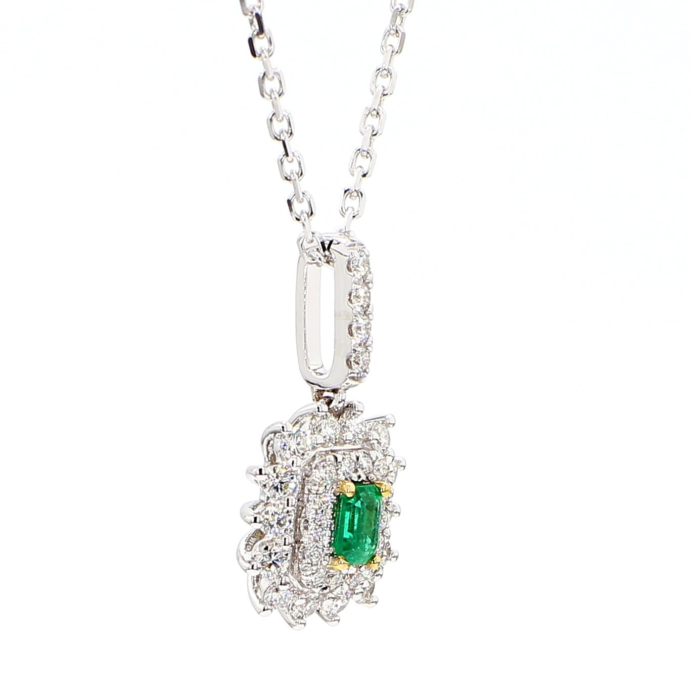 Natural Emerald and White Diamond 0.62 Carat TW White Gold Drop Pendant