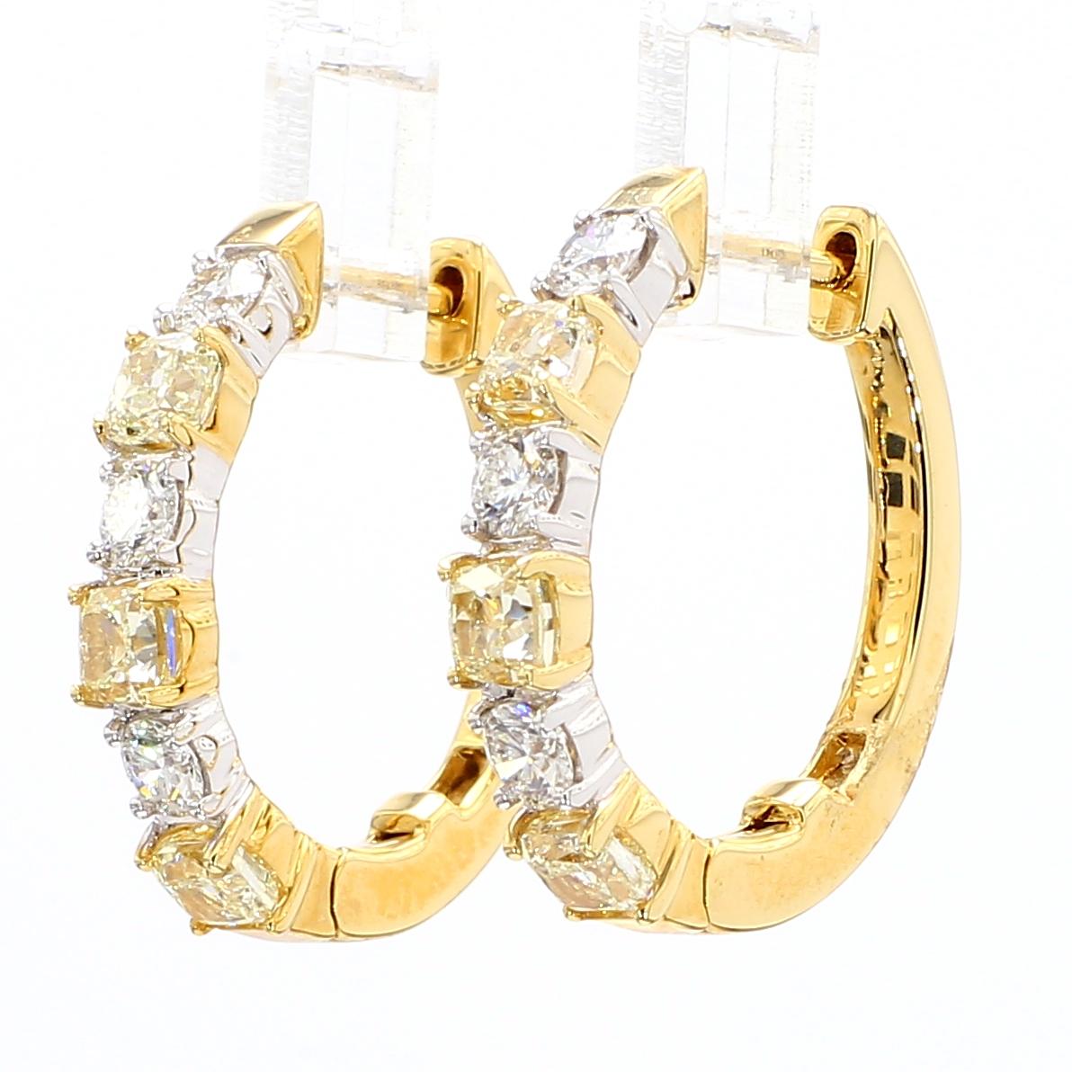 Natural Yellow Cushion and White Diamond 2.37 Carat TW Gold Hoop Earrings