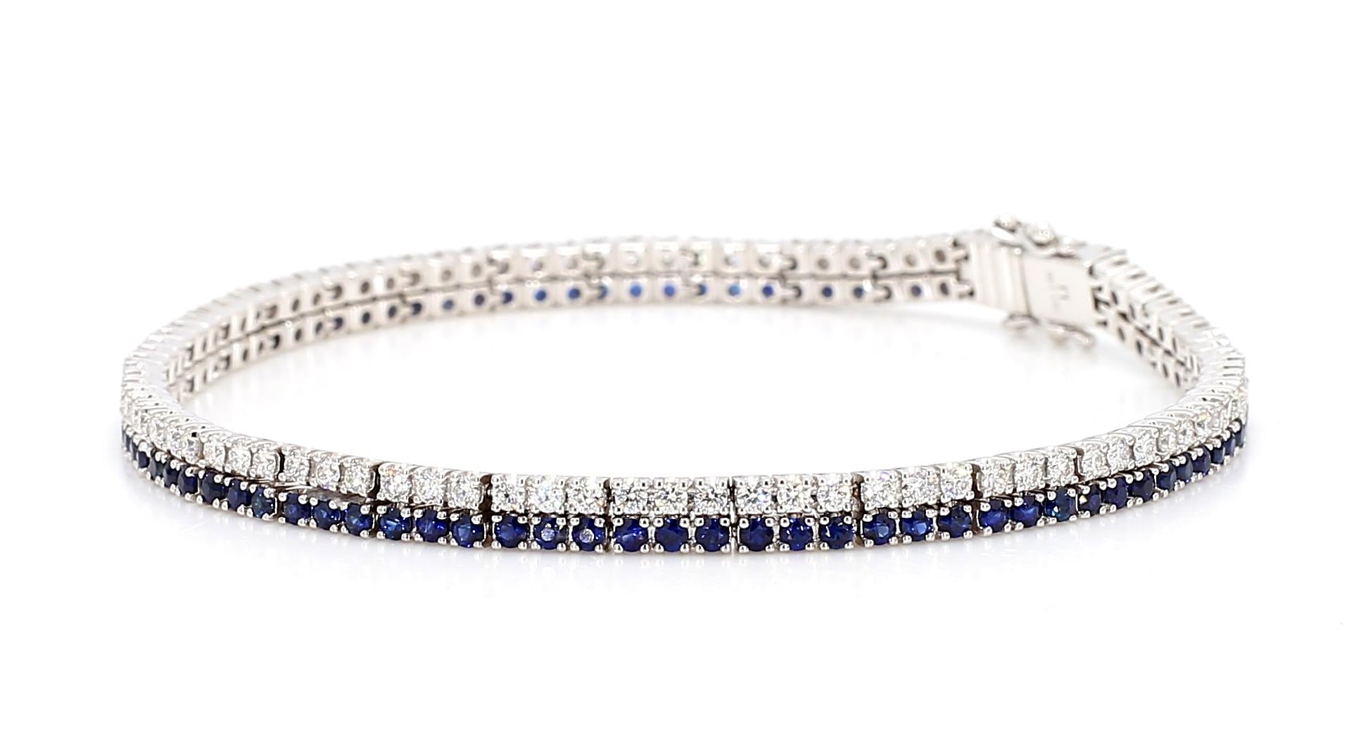 Natural Blue Round Sapphire and White Diamond 3.49 Carat TW Gold Tennis Bracelet