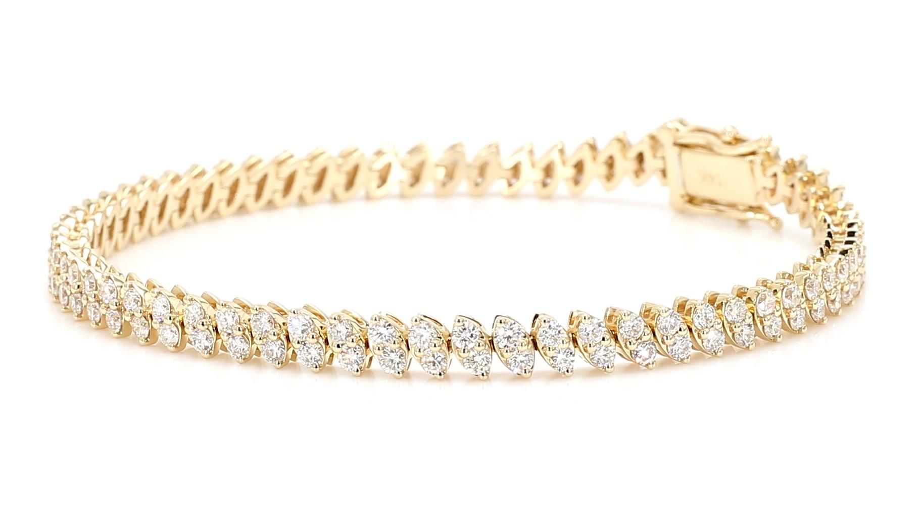 Natural White Round Diamond 3.40 Carat TW Yellow Gold Tennis Bracelet