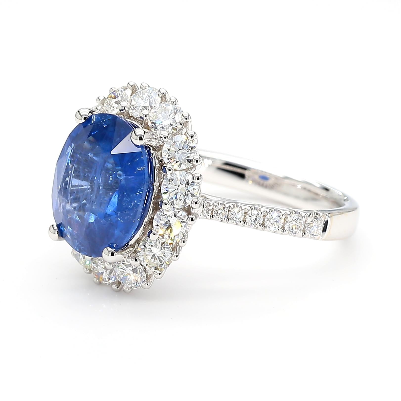 Natural Blue Oval Sapphire and White Diamond 5.51 Carat TW Gold Cocktail Ring