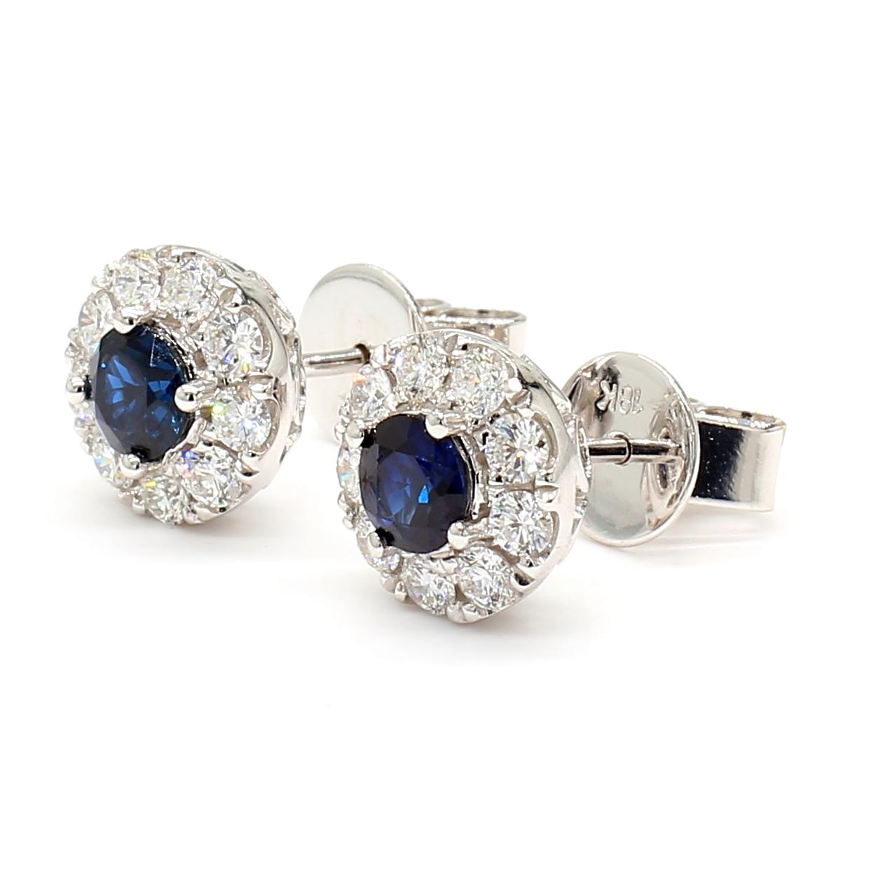 Natural Blue Round Sapphire and Diamond 1.36 Carat TW Gold Stud Earrings