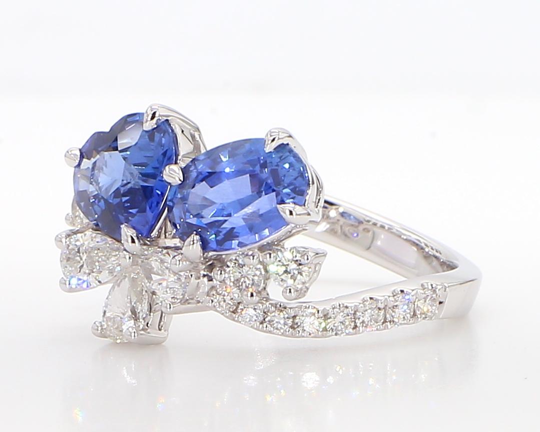 Natural Blue Heart Sapphire and White Diamond 3.22 Carat TW Gold Cocktail Ring