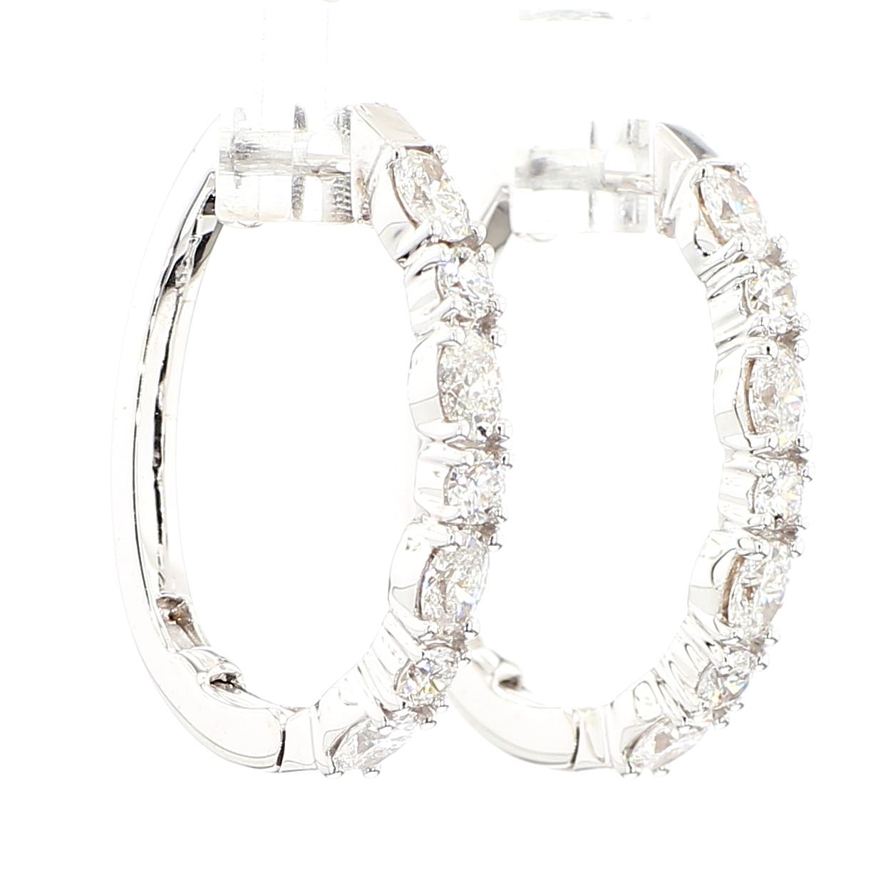 Natural White Oval Diamond 1.67 Carat TW White Gold Hoop Earrings