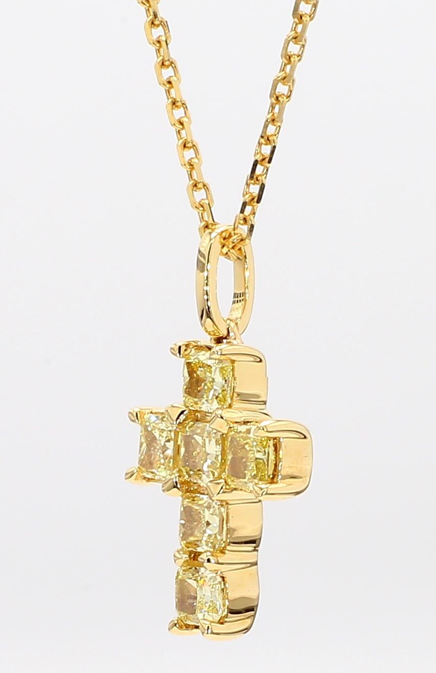Natural Yellow Cushion Diamond 1.30 Carat TW Yellow Gold Cross Pendant