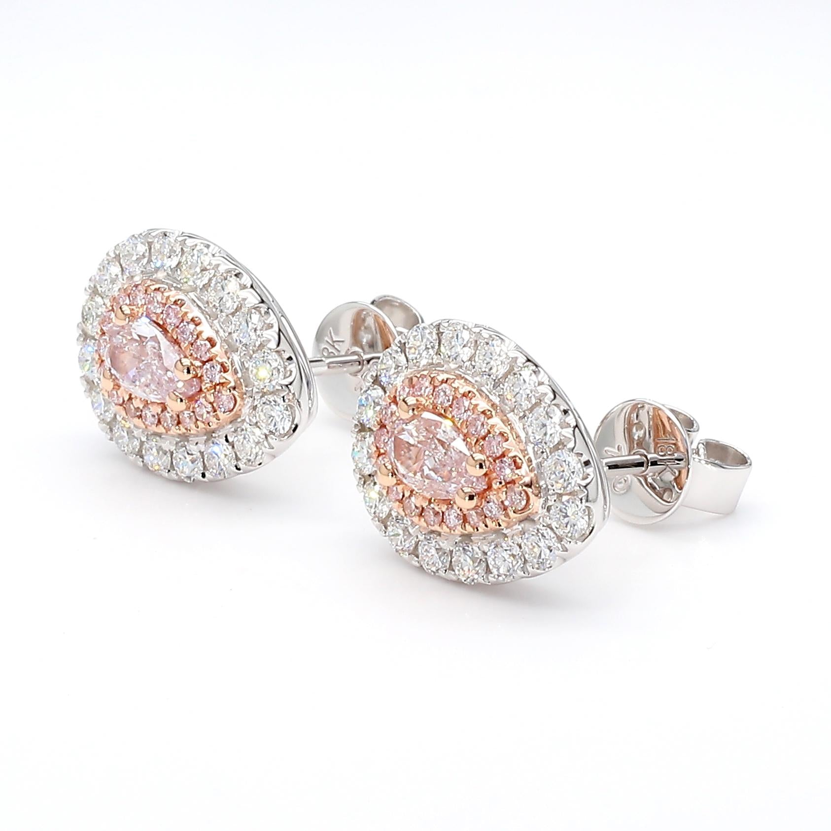 GIA Certified Very Light Pink Pear Diamond 1.15 Carat TW Gold Stud Earrings