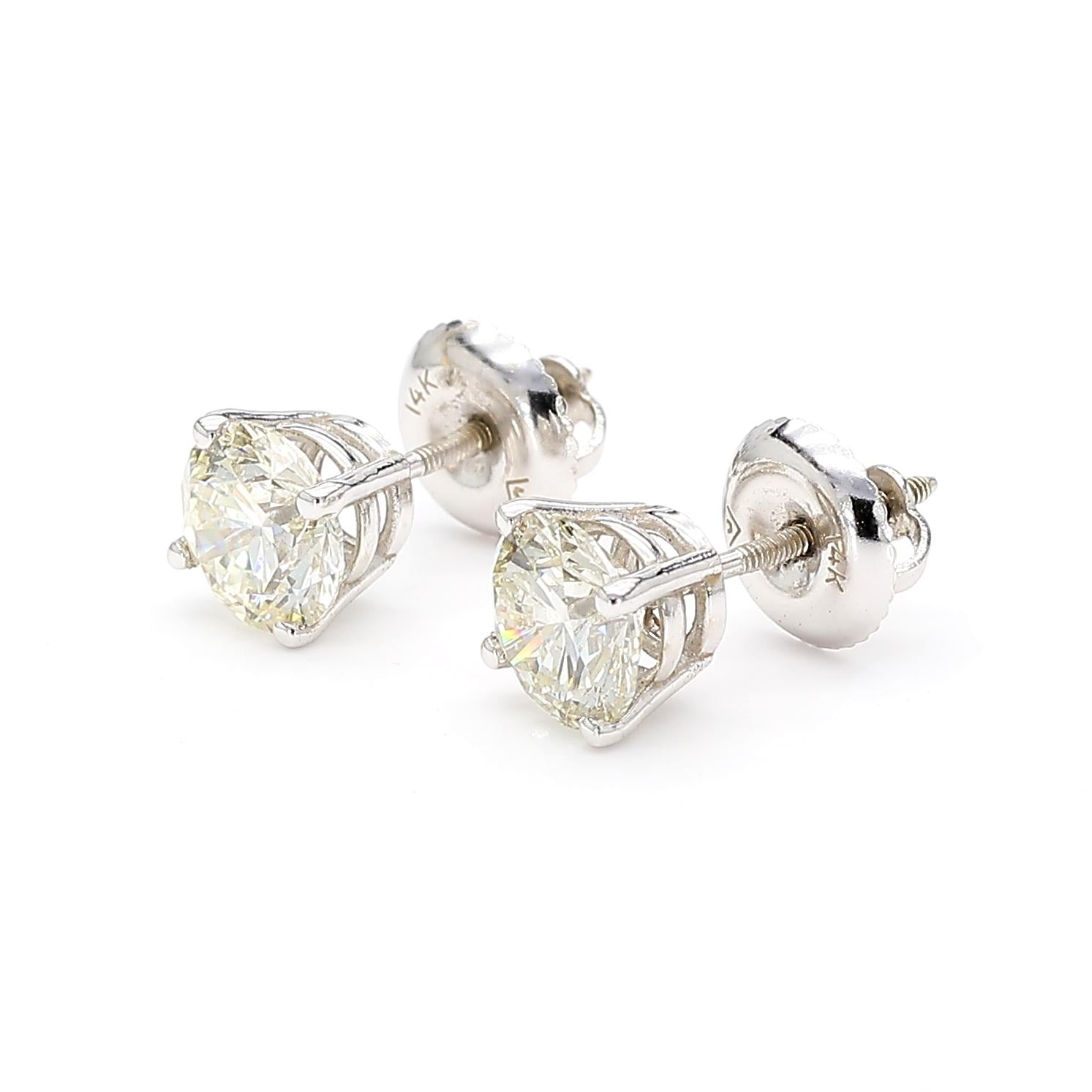 Natural White Round Diamond 1.60 Carat TW White Gold Stud Earrings
